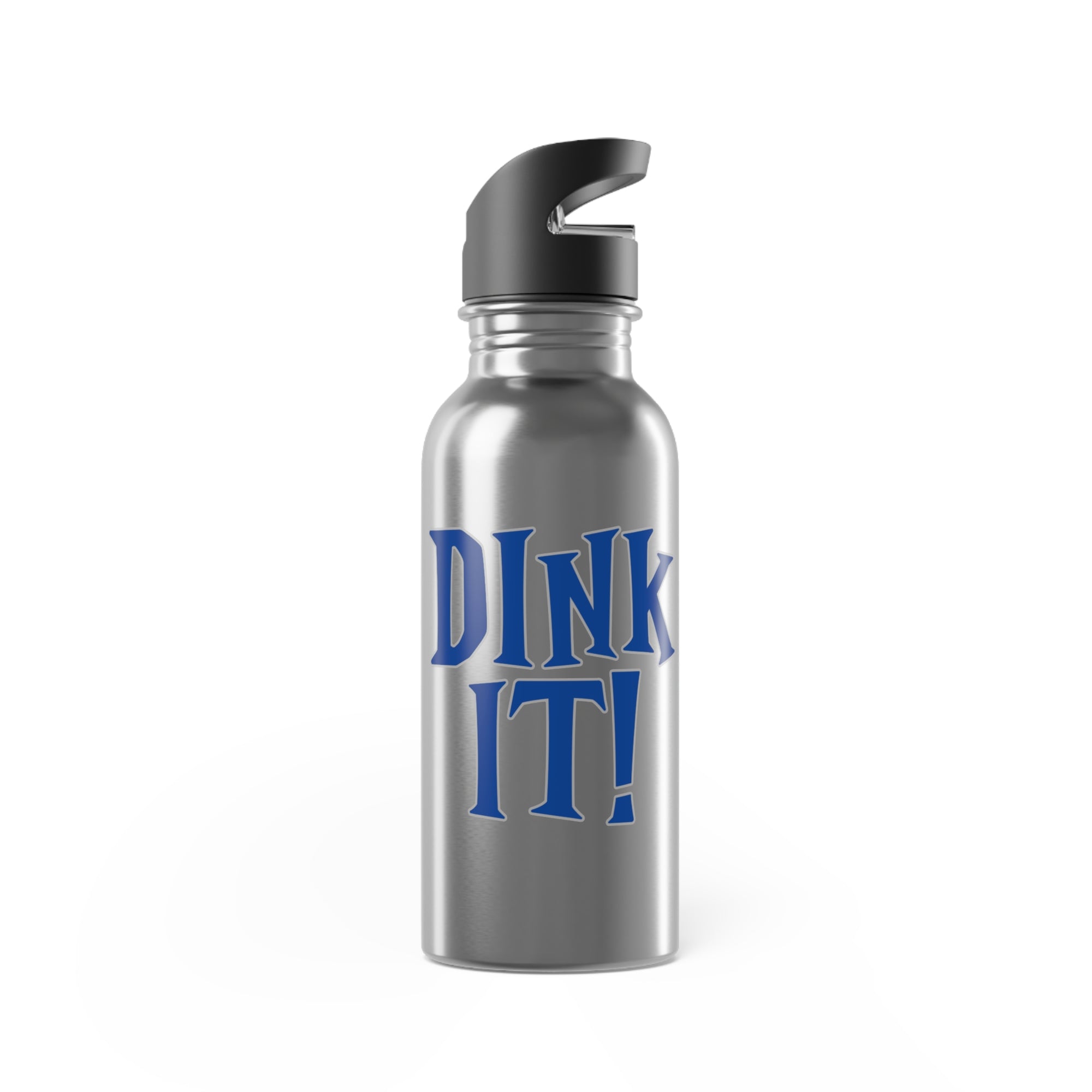 A stainless steel water bottle with lid featuring the words 'DINK IT!' text in blue and outlined in gray, against a white background