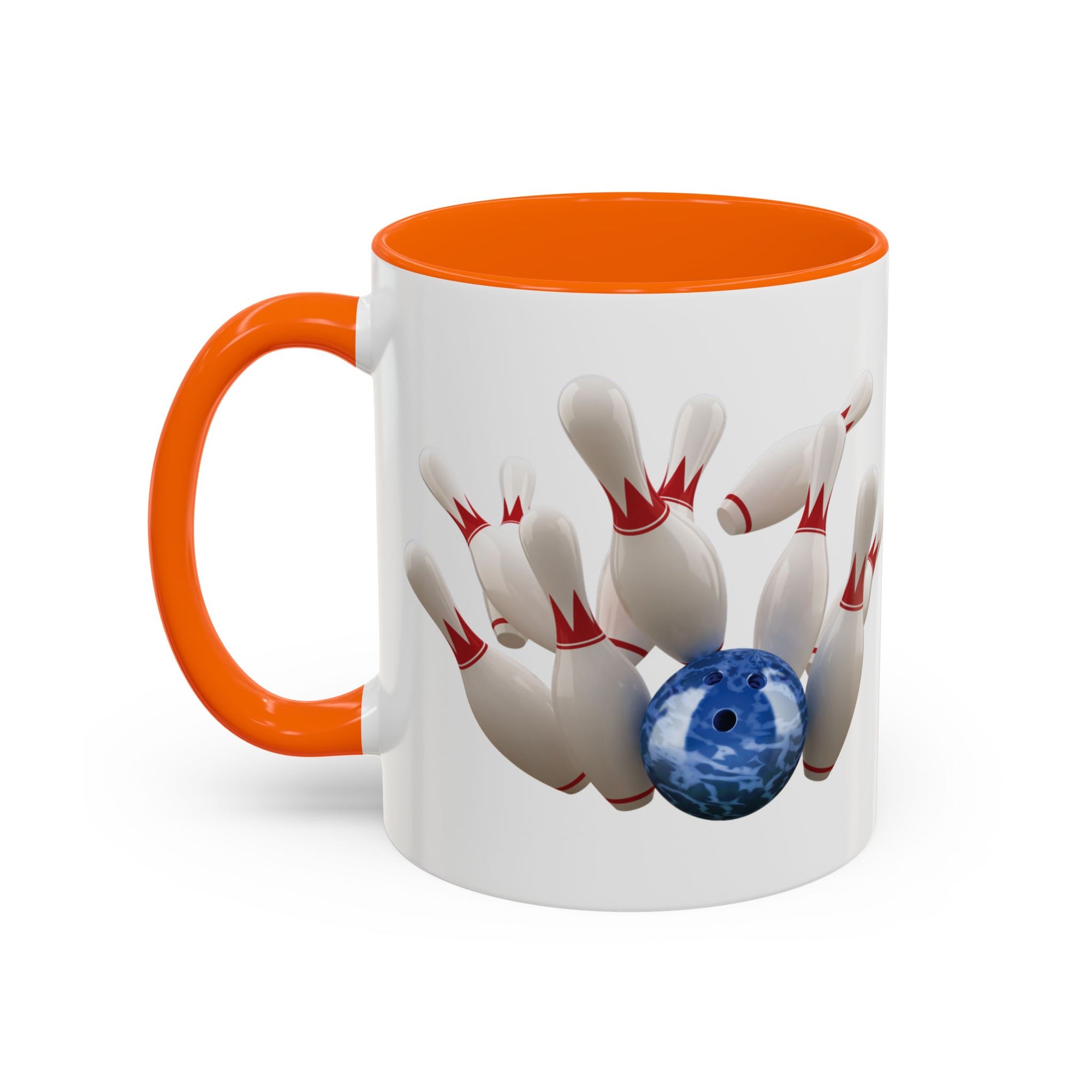 A white ceramic coffee mug with orange accents on the handle and interior, with a graphic of a blue bowling ball knocking over bowling pins, on a white background