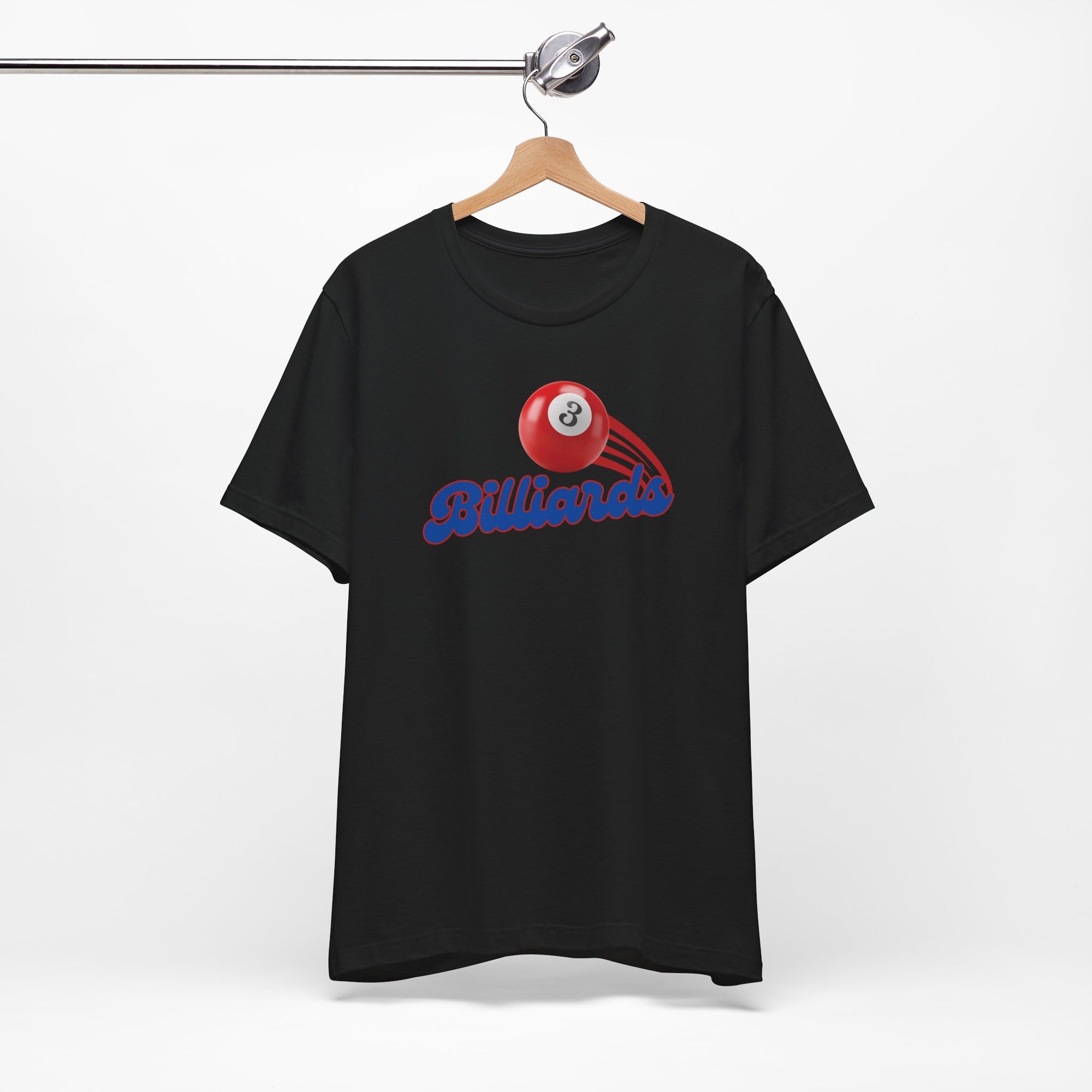 Black t-shirt with billiards ball and text that says "Billiards" on a hanger against a white background