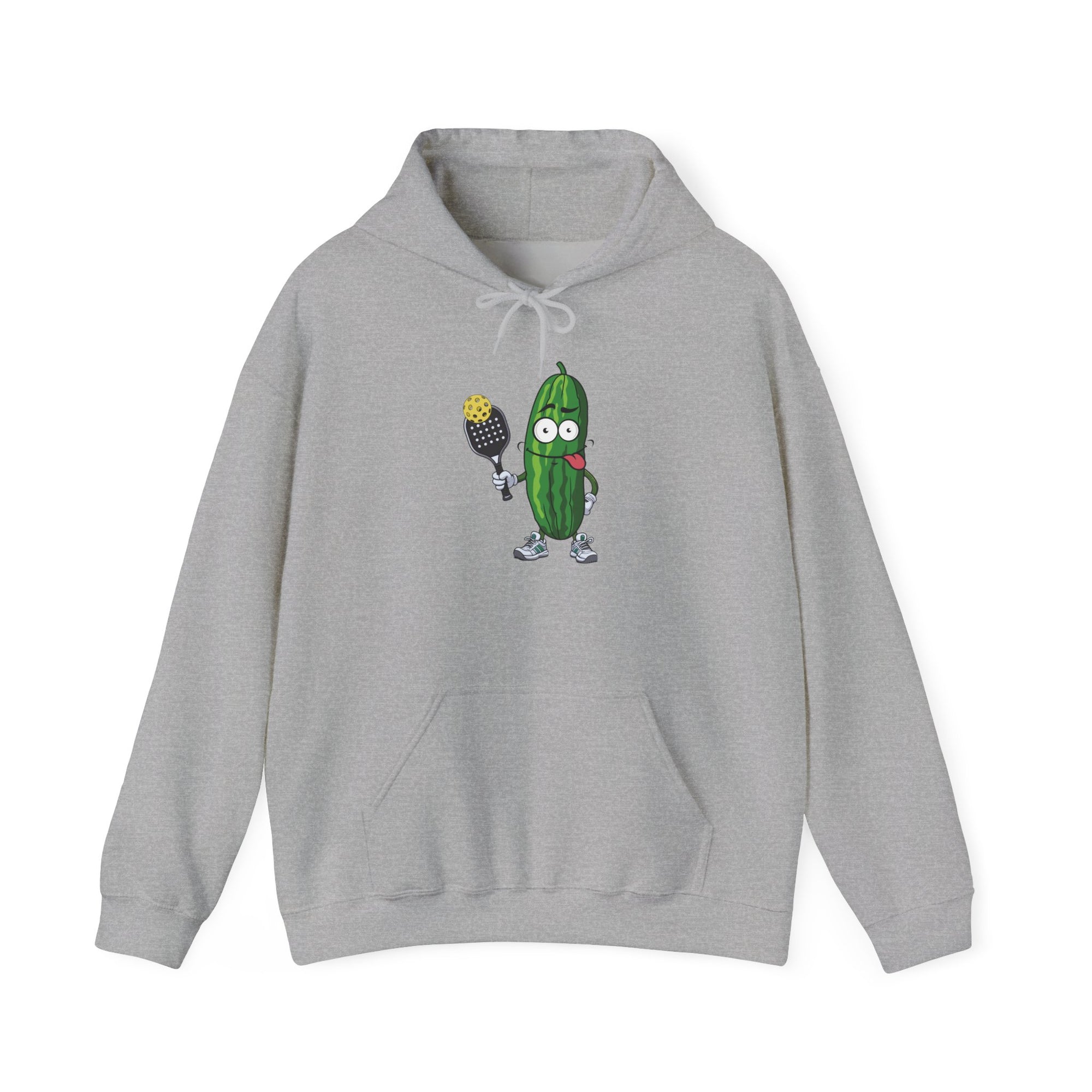Light gray hoodie with a cartoon pickle with googly eyes and his tongue sticking out, holding a pickleball paddle with a yellow pickleball, against a white background