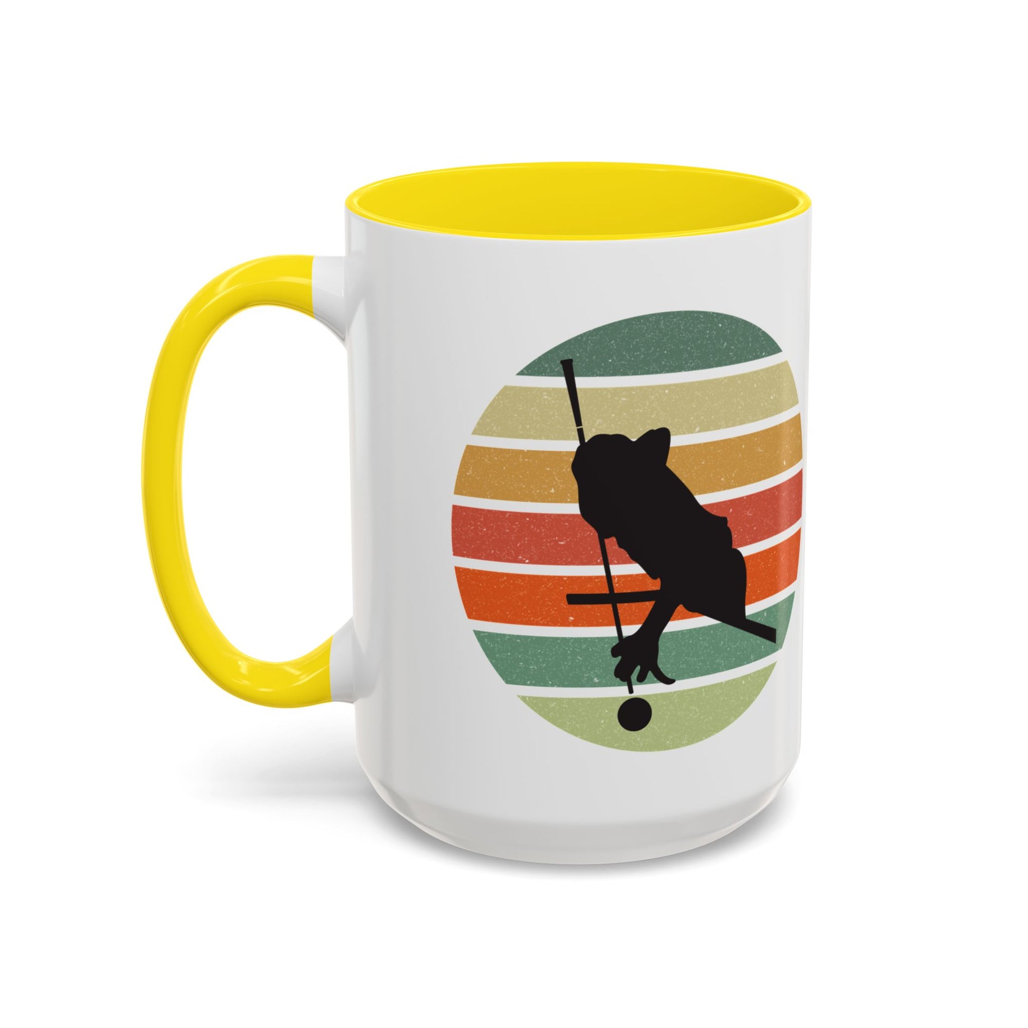 Mug with yellow accents and a graphic of a billiards player silhouette over a colorful retro design on a white background.