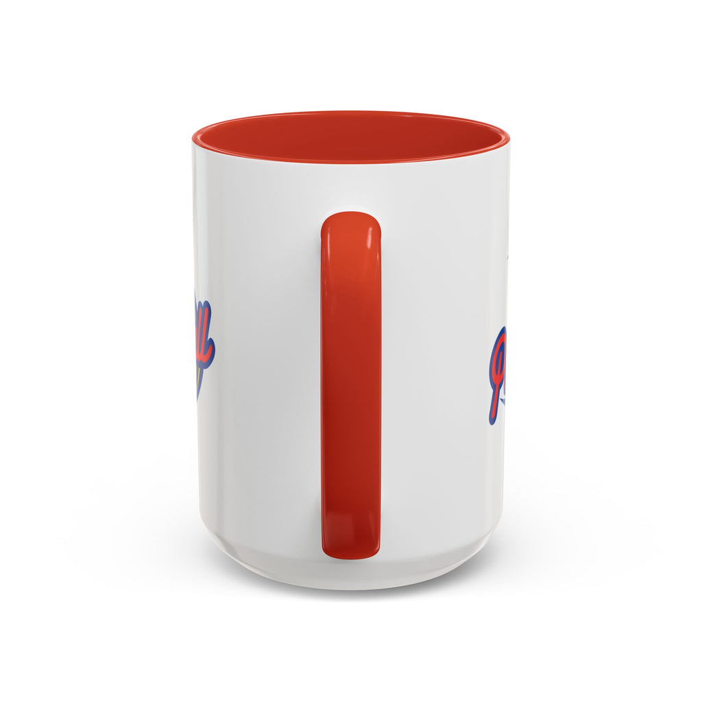 Back view of a ceramic coffee mug with red accents on the handle and interior, with a classic pickleball logo featuring the word pickleball and a yellow pickleball with motion lines, against a white background