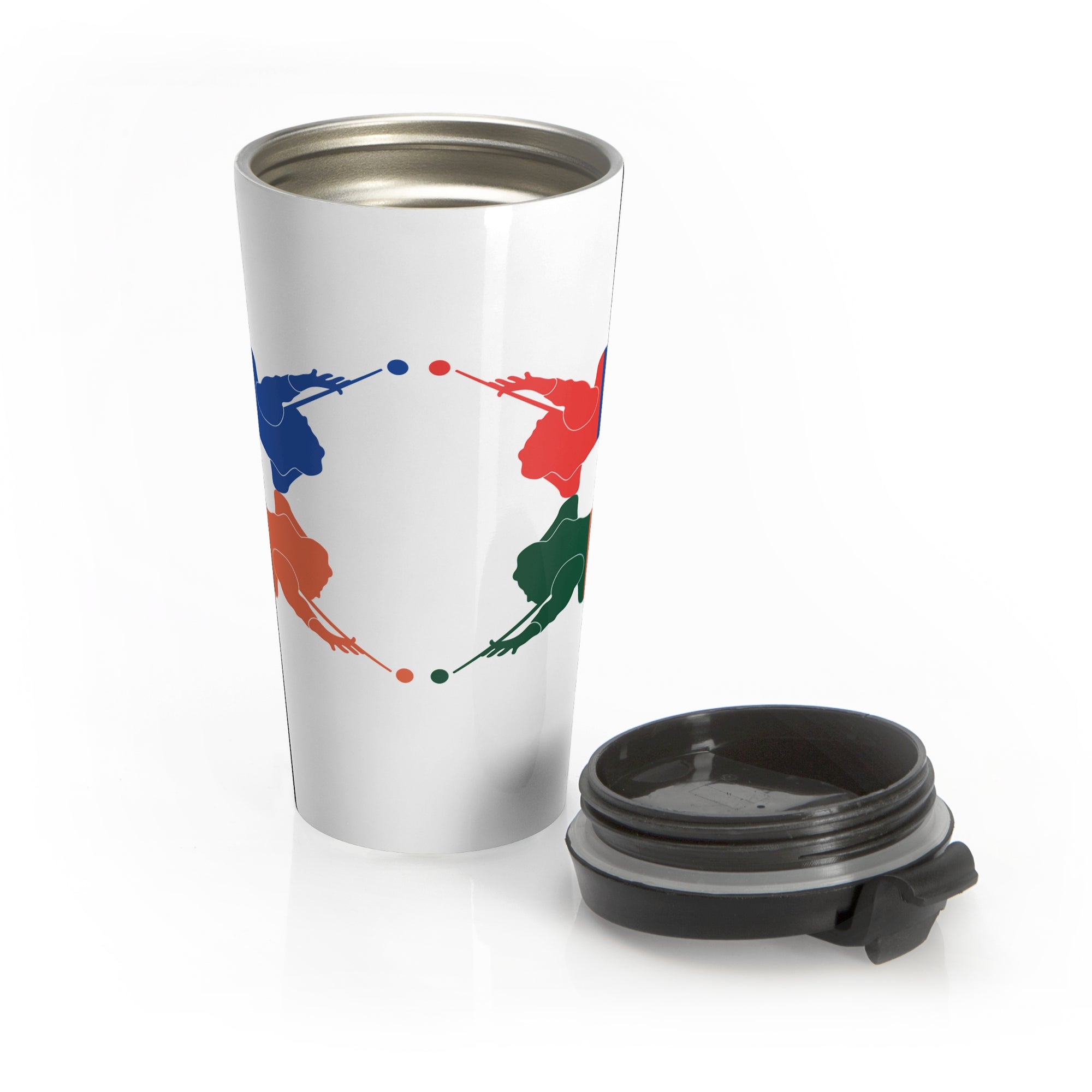 White travel mug with its lid next to the mug, with colorful graphic of 4 billiards player silhouettes in a pop art style, against a white background