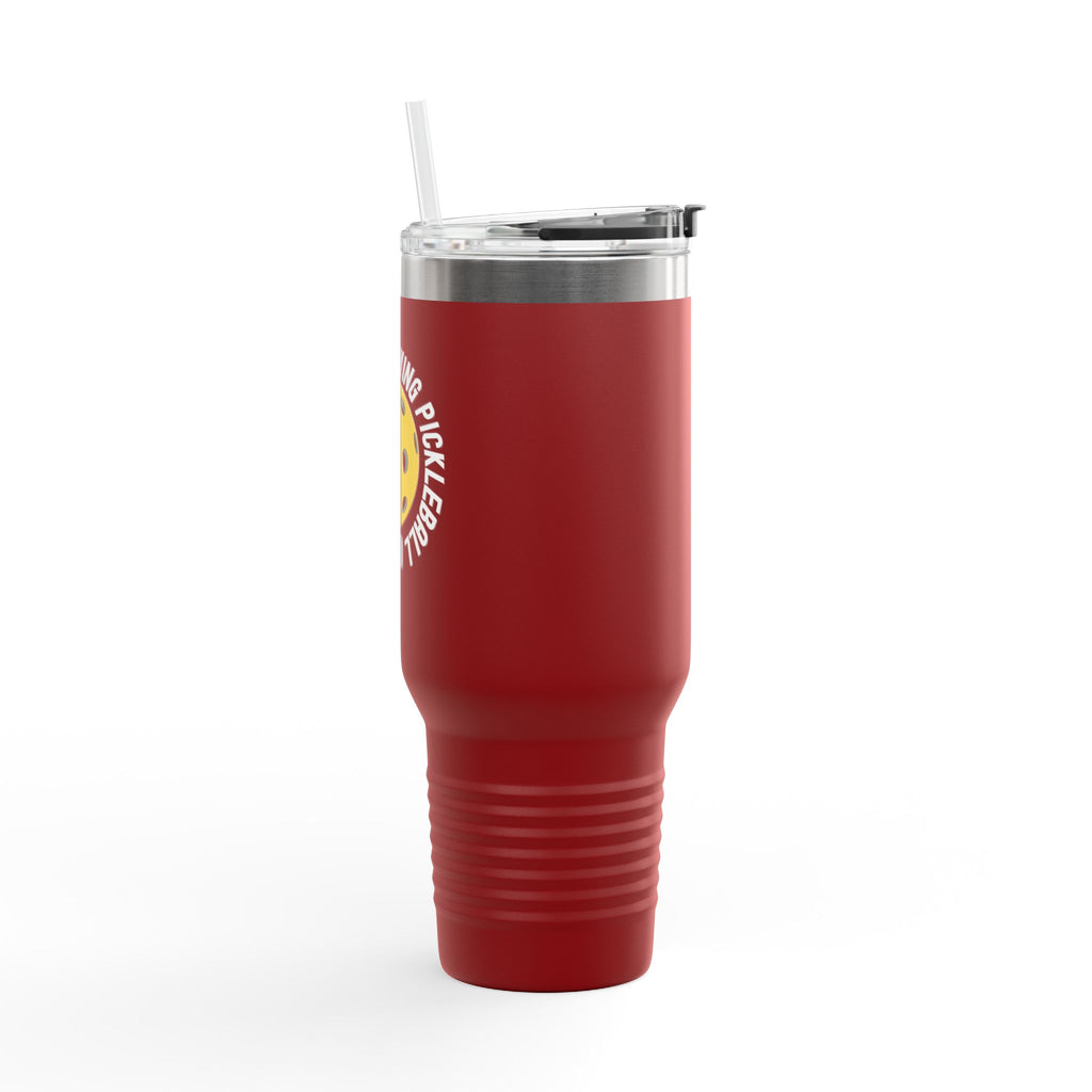 Side view of a red 40oz travel mug with pickleball graphic and the text "I'd Rather Be Playing Pickleball" on a white background