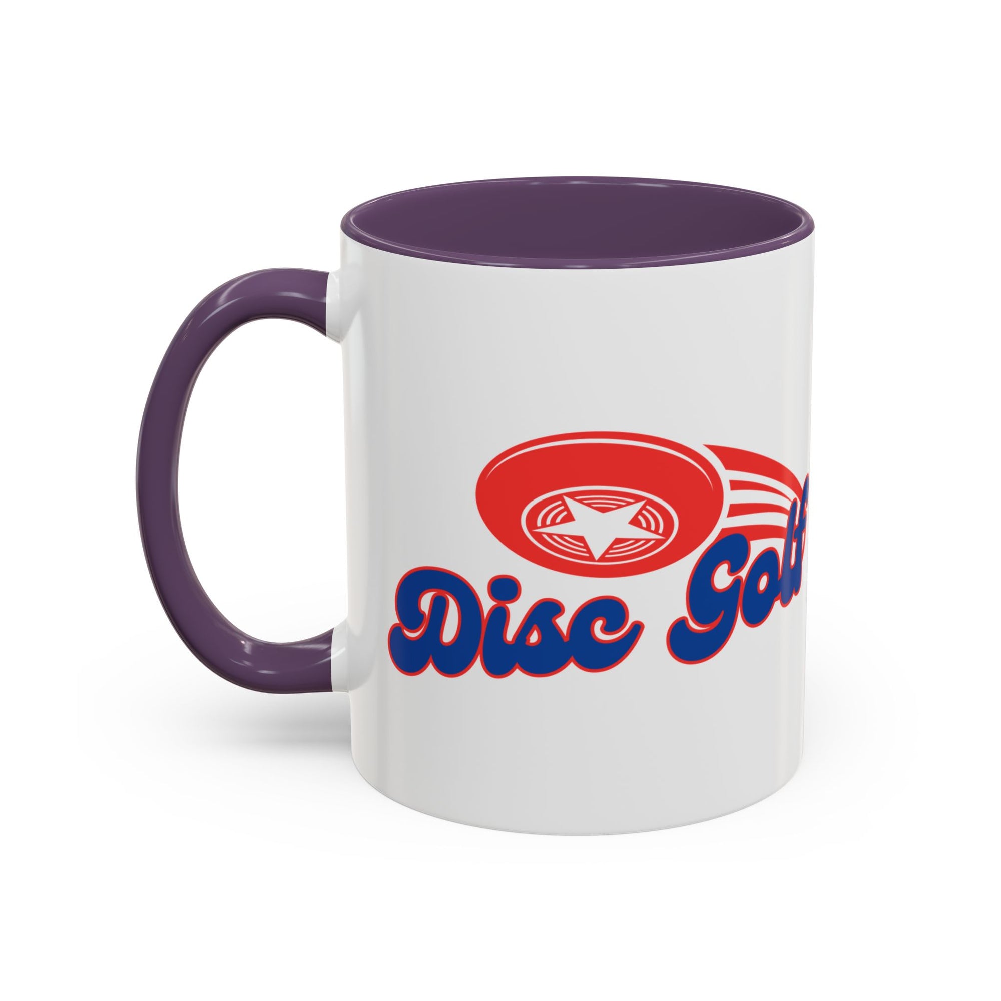 A ceramic coffee mug with purple accents on the handle and interior, with 'Disc Golf' in a blue script text outlined in red and disc golf with motion trails, against a white background
