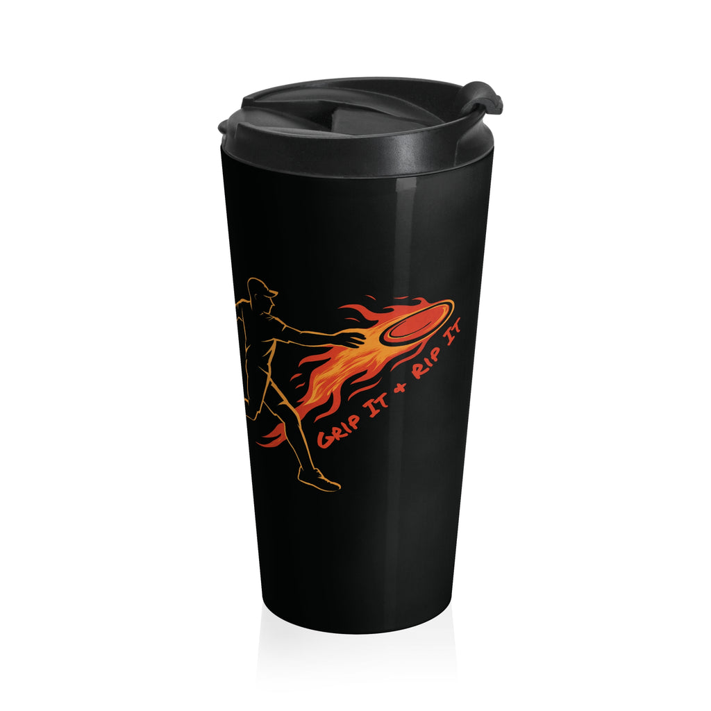 A black travel mug with lid featuring a graphic design of a person throwing a disc golf disc with flames coming off the disc and text 'Grip It or Rip It' against a white background.