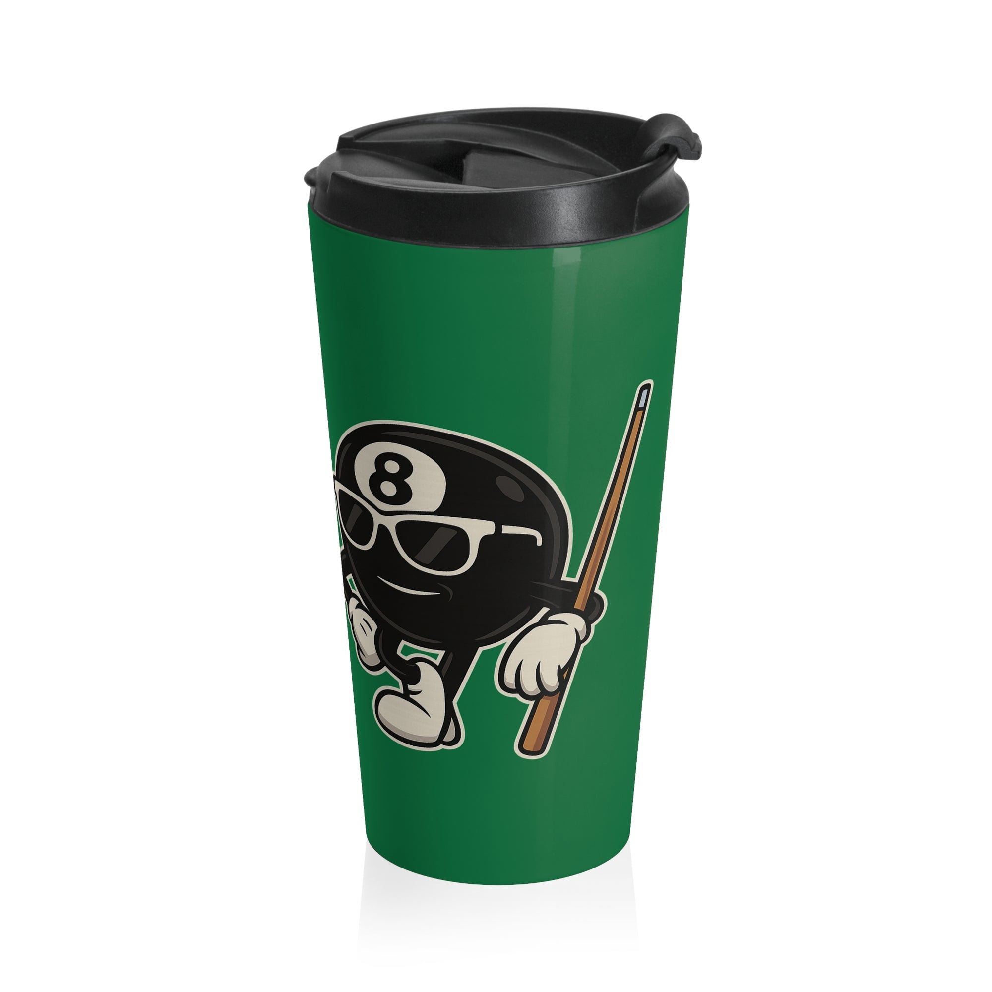 A green travel mug with a black lid with a graphic of a cartoon billiards 8 ball with arms and legs and wearing sunglasses and leaning on a cue stick, on a white background