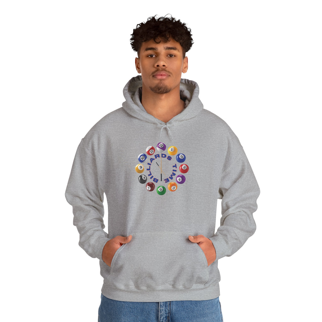 A man wearing a gray hoodie with the text "Billiards Time" surrounded by a clock made up of colorful billiard balls and cue sticks, on a white background