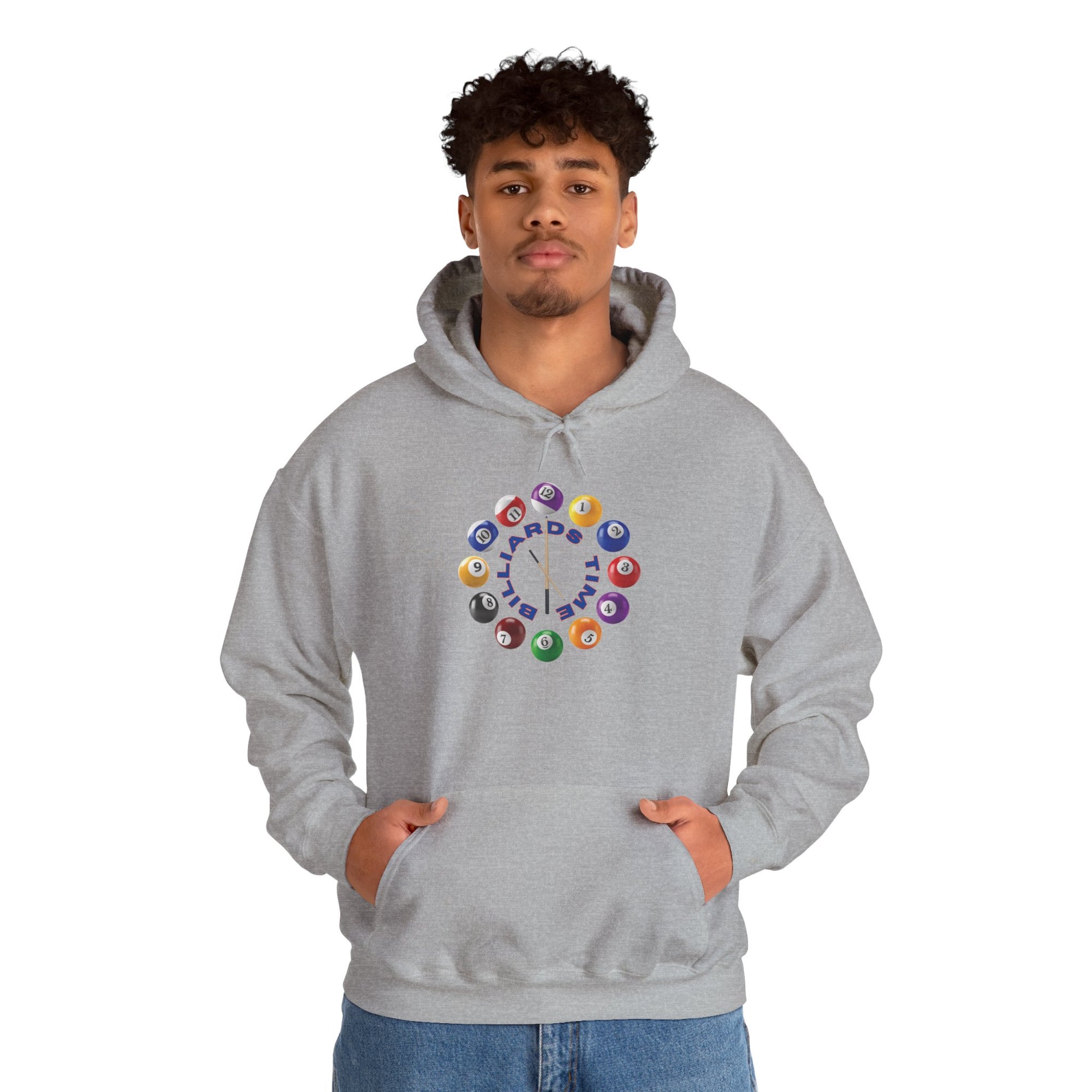 A man wearing a gray hoodie with the text "Billiards Time" surrounded by a clock made up of colorful billiard balls and cue sticks, on a white background