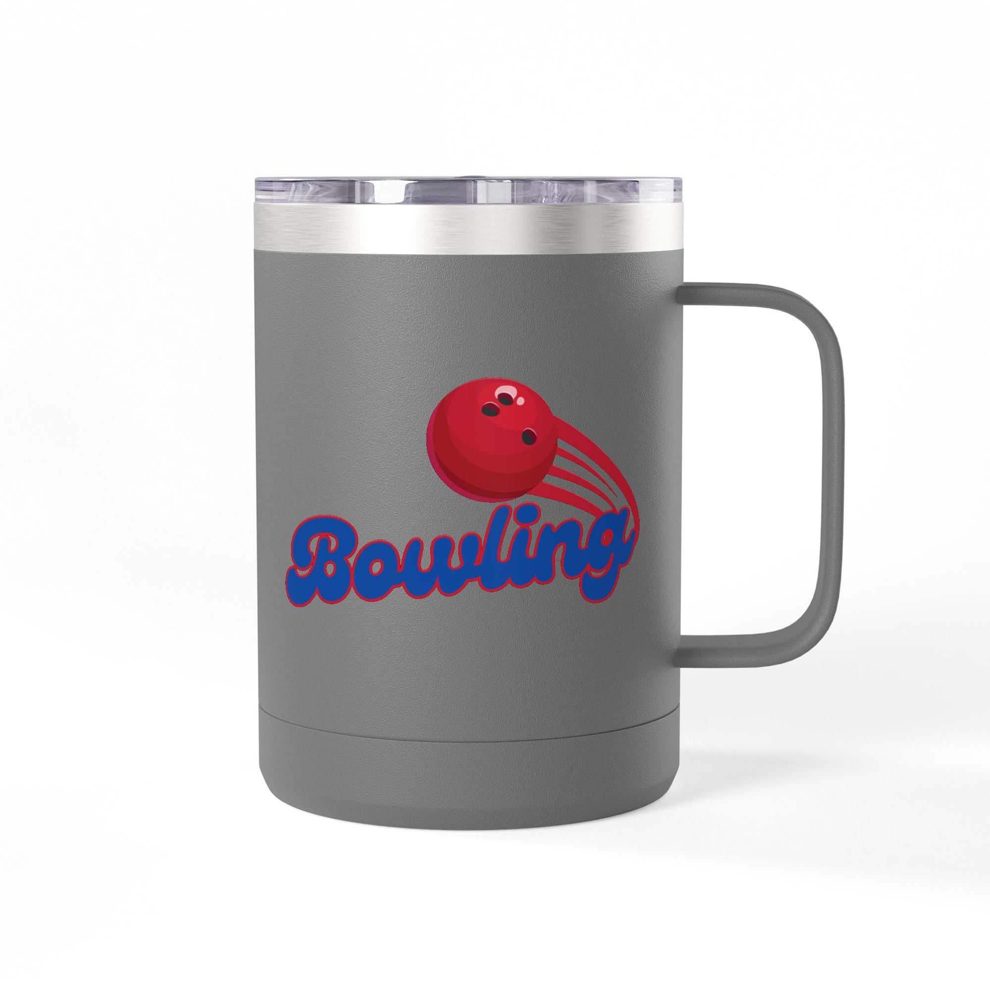 Gray travel mug with lid and handle with red bowling ball and blue 'Bowling' text on a white background