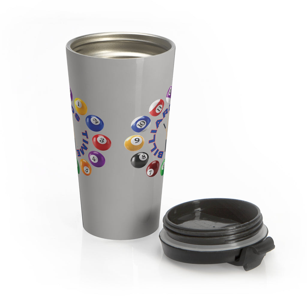 Gray travel tumbler with its lid next to the tumbler, with the text "Billiards Time" surrounded by a clock made up of colorful billiard balls and cue sticks, on a white background