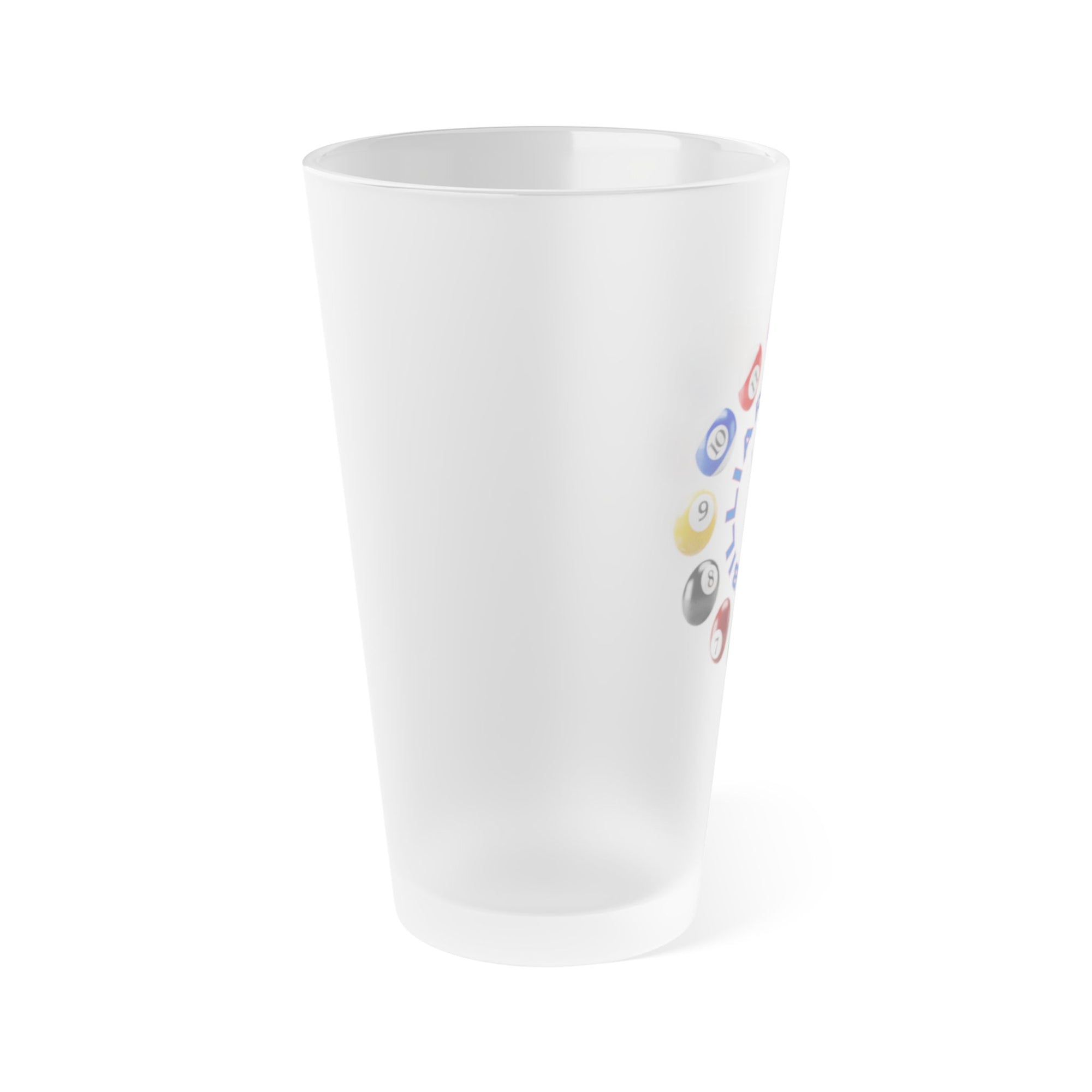 Side view of a frosted pint glass with the text "Billiards Time" surrounded by a clock made up of colorful billiard balls and cue sticks, on a white background