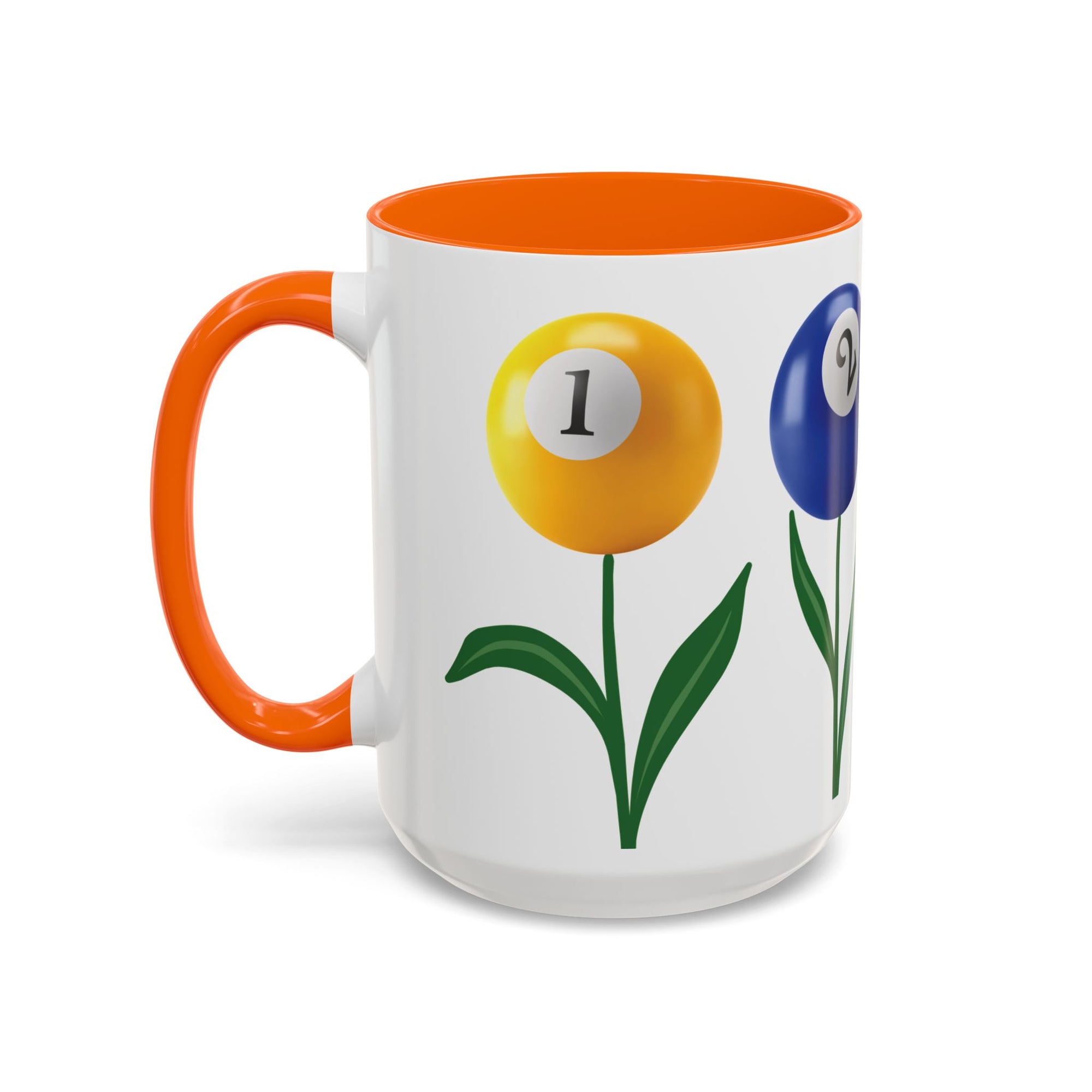 A white ceramic coffee mug with orange accents on the handle and interior, with four colorful flowers made out of billiards balls with green stems, on a white background