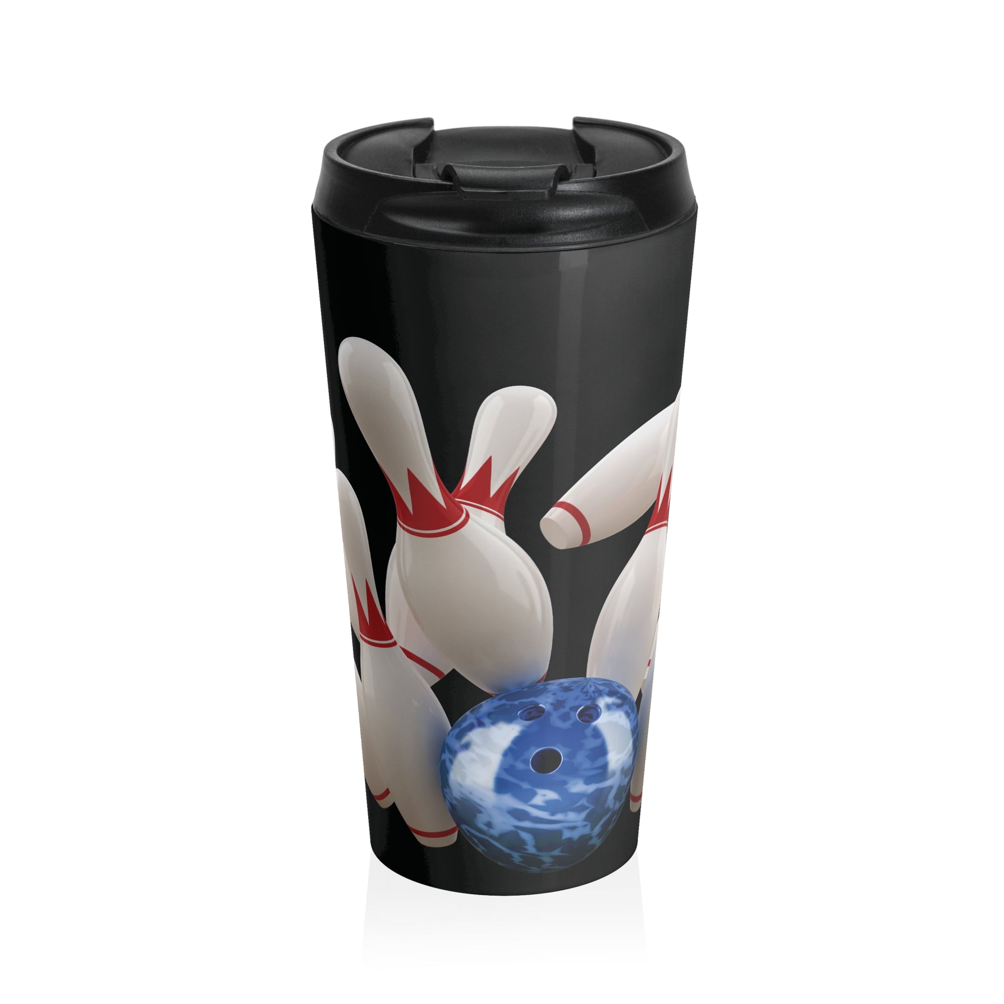 Black travel mug with a lid, with a graphic of a blue bowling ball knocking over bowling pins, on a white background
