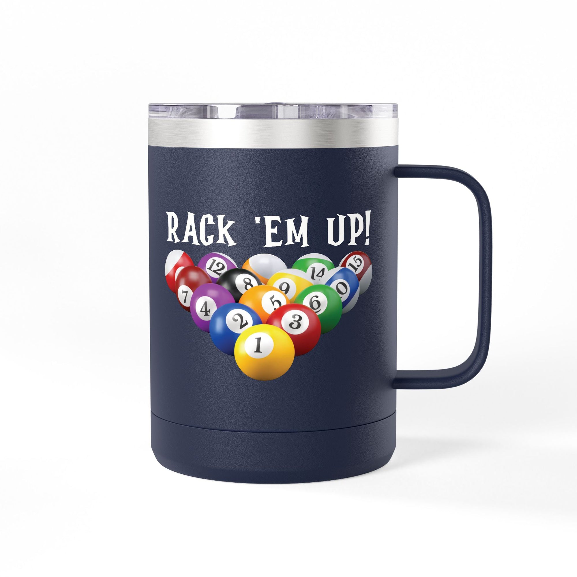 Navy blue travel mug tumbler with handle and lid, with a pool ball design and 'Rack 'Em Up!' text on a white background