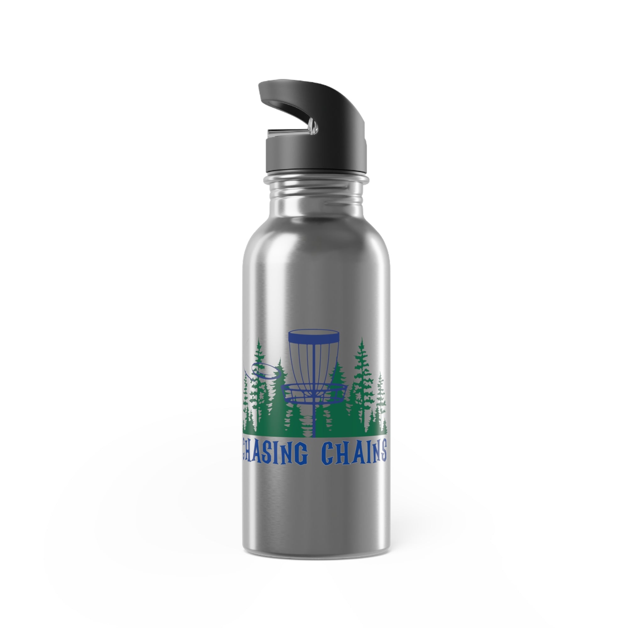 A stainless steel water bottle with lid, with 'Chasing Chains' graphic featuring a flying disc golf disc and basket and chains in front of a scenic evergreen tree landscape, against a white background