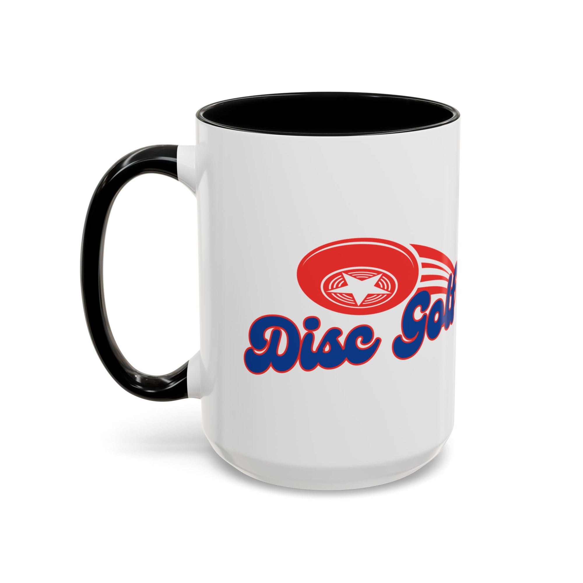 A ceramic coffee mug with black accents on the handle and interior, with 'Disc Golf' in a blue script text outlined in red and disc golf with motion trails, against a white background