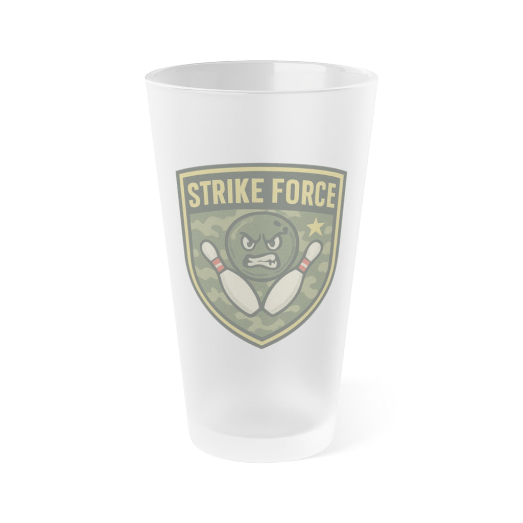 Frosted pint glass with bowling 'Strike Force' military-style patch on a white background