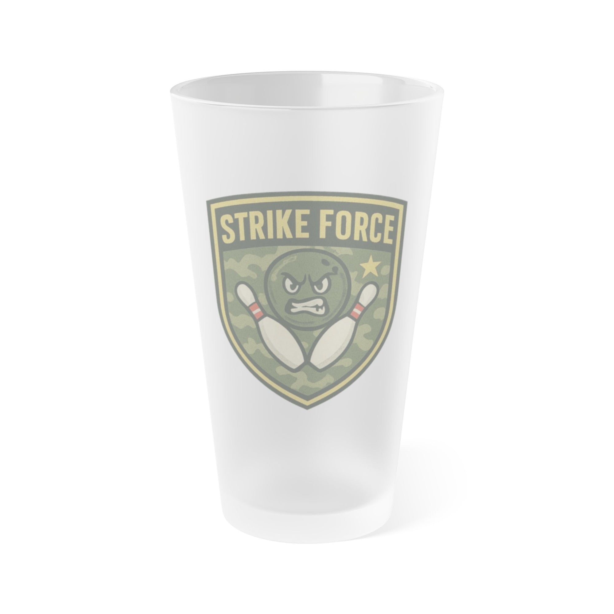 Frosted pint glass with bowling 'Strike Force' military-style patch on a white background