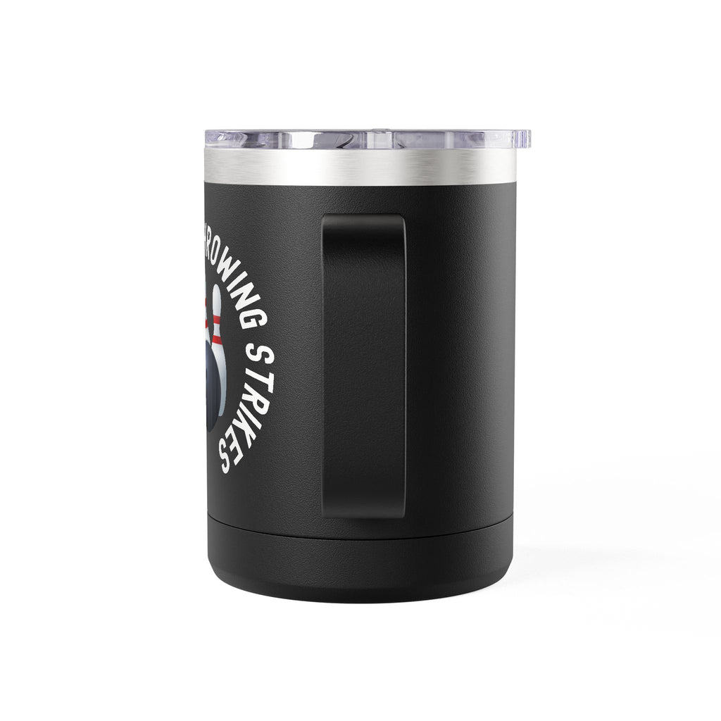 Side view of a black travel mug with a sip lid and handle, with bowling pins and a bowling ball and text saying "I'd Rather Be Throwing Strikes" on white background