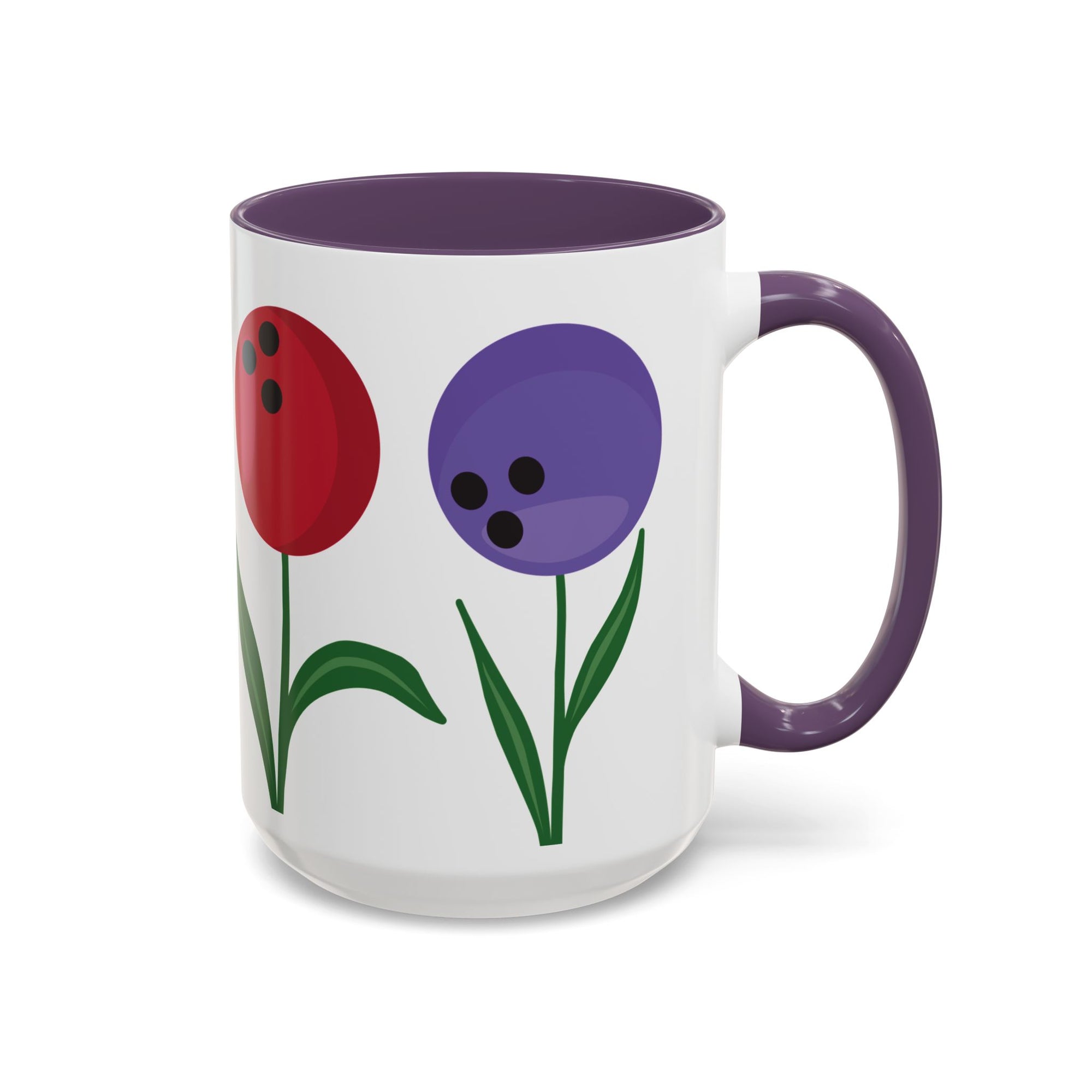 A white ceramic coffee mug with purple accents on the handle and interior, with colorful flowers made out of bowling balls, on a white background