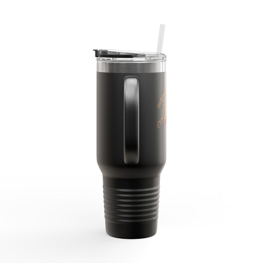 The back side of a black 40oz travel mug with handle, straw and lid featuring a graphic design of a person throwing a disc golf disc with flames coming off the disc and text 'Grip It or Rip It' against a white background.