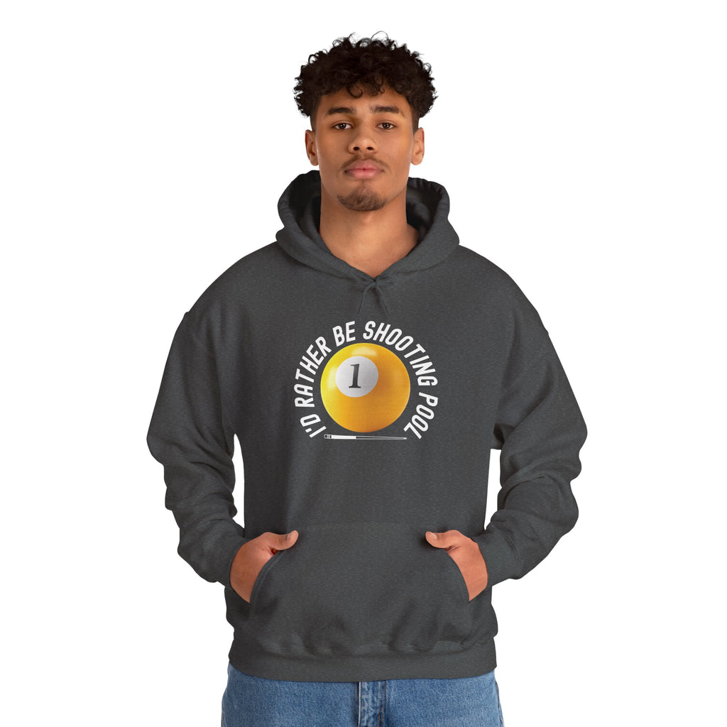 Man wearing a gray hoodie with a yellow billiards ball and cue stick graphic and the text "I'd Rather Be Shooting Pool" on a white background