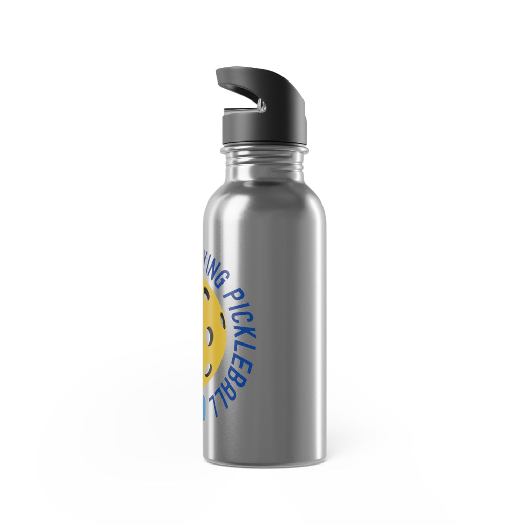 Side view of a stainless steel water bottle with a yellow pickleball and paddle and the text "I'd Rather Be Playing Pickleball" on a white background