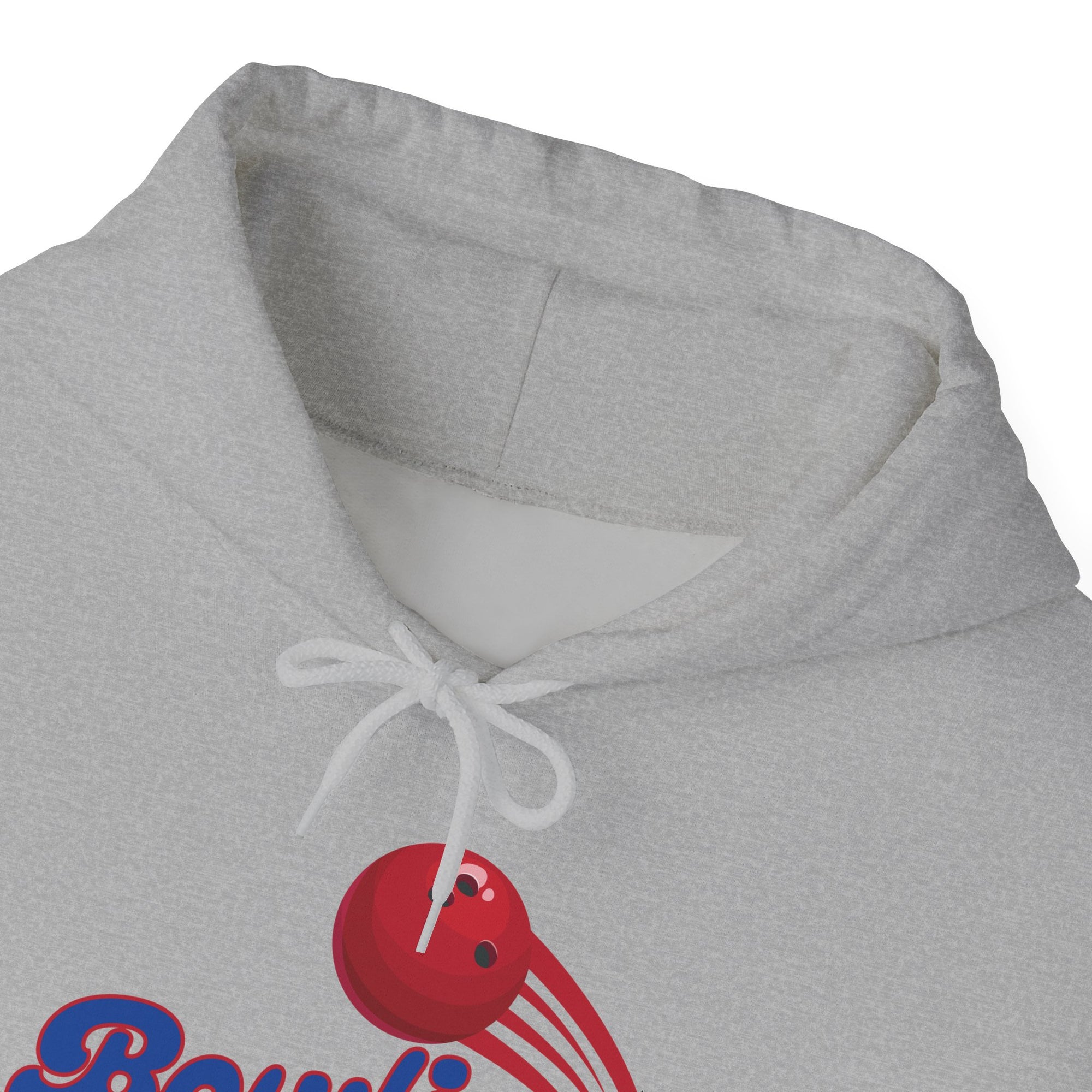 Close-up of the neckline of a gray hoodie with a red and blue graphic design on a white background
