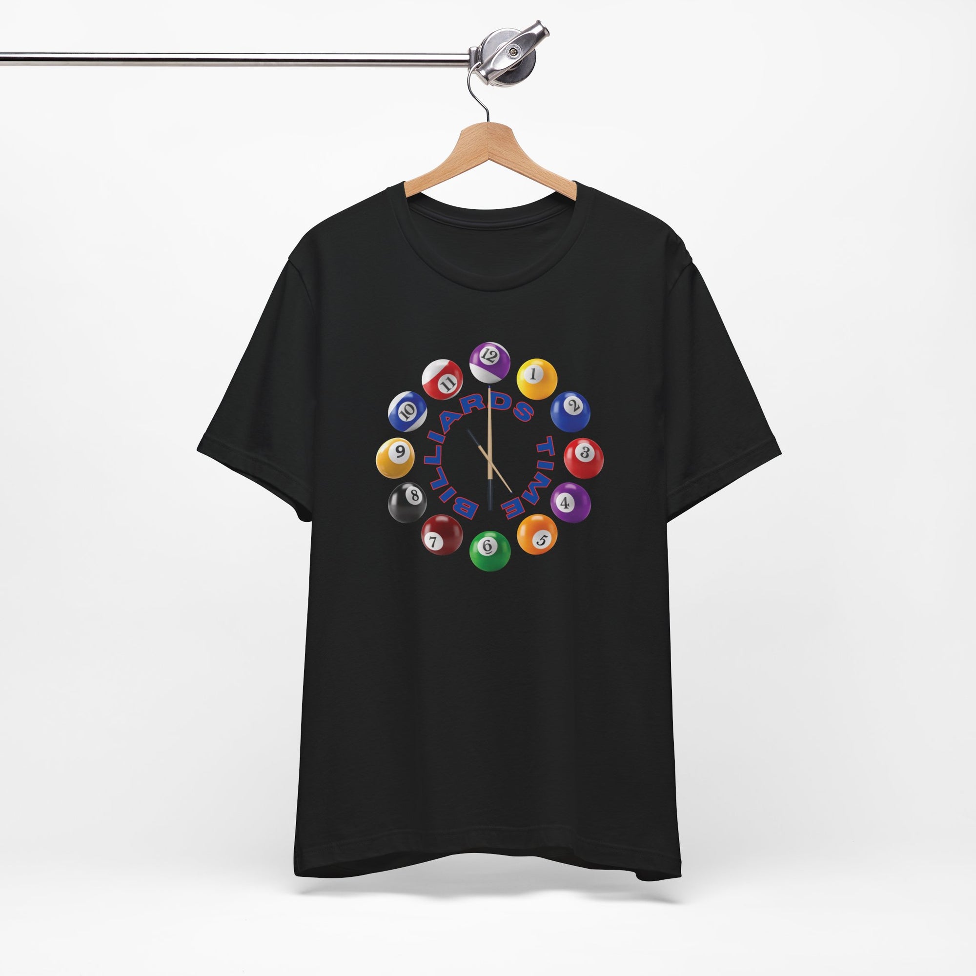 Black t-shirt with the text "Billiards Time" surrounded by a clock made up of colorful billiard balls and cue sticks, on a white background