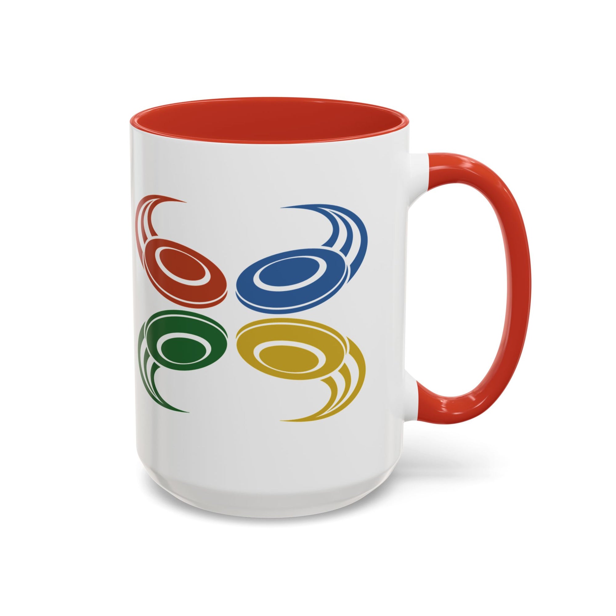 A ceramic mug with red accents on the handle and interior, featuring a graphic of four colorful disc golf discs