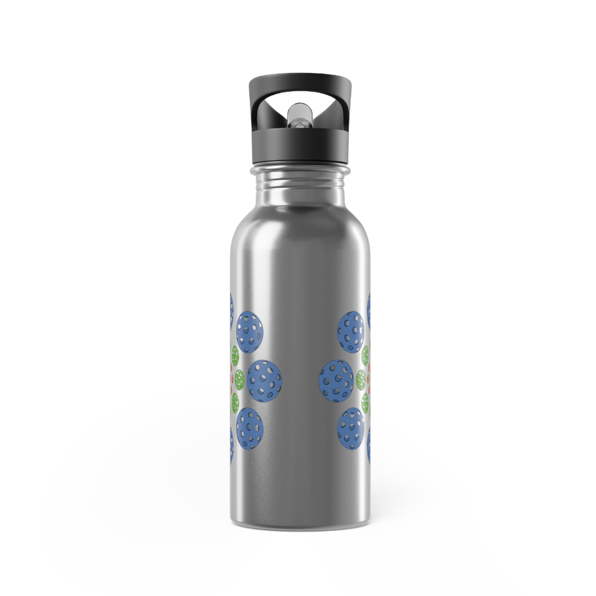 Stainless steel water bottle with lid featuring a colorful geometric design of pickleballs against a white background