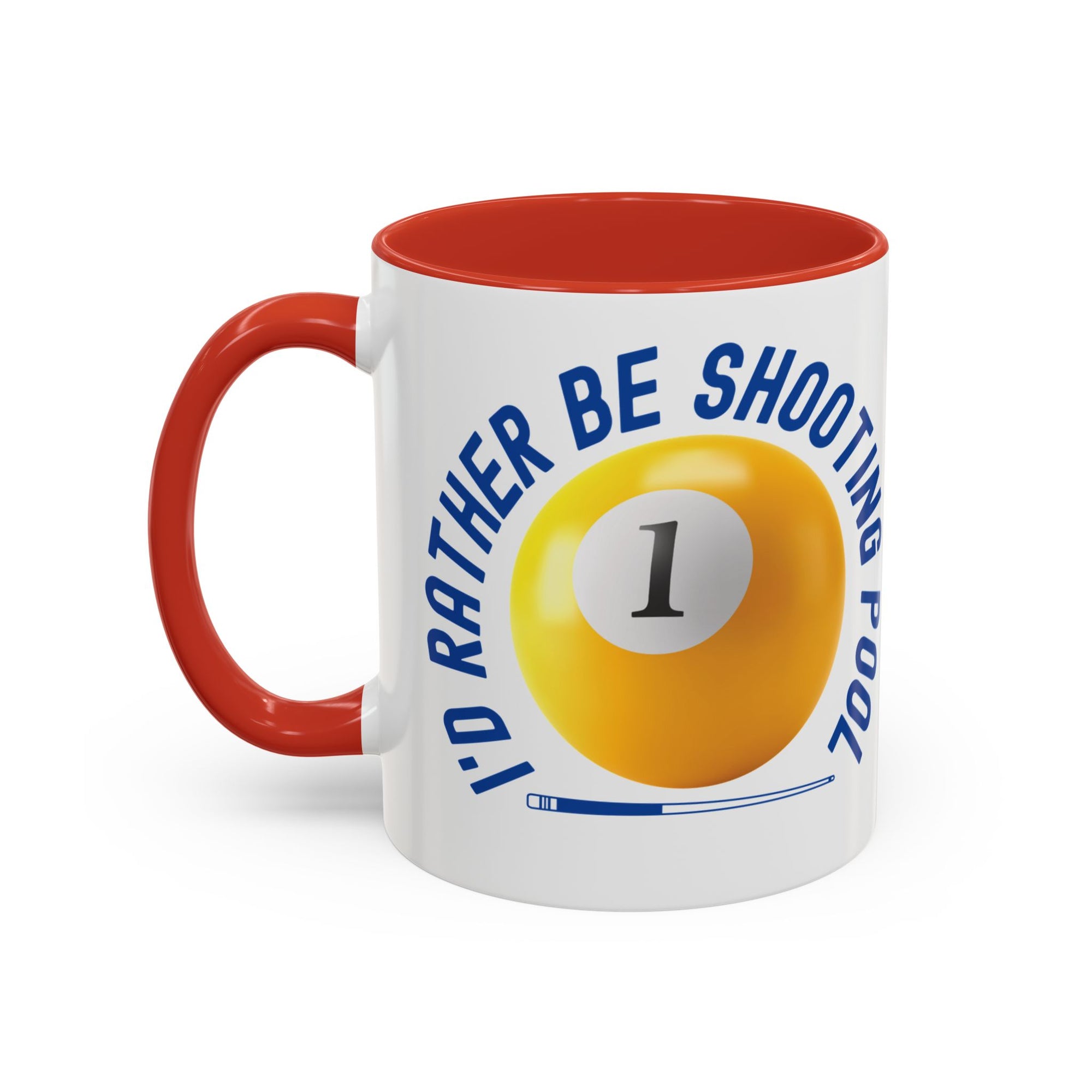 Ceramic coffee mug with red accents on the handle and interior, with a yellow billiards ball and cue stick graphic and the text "I'd Rather Be Shooting Pool" on a white background