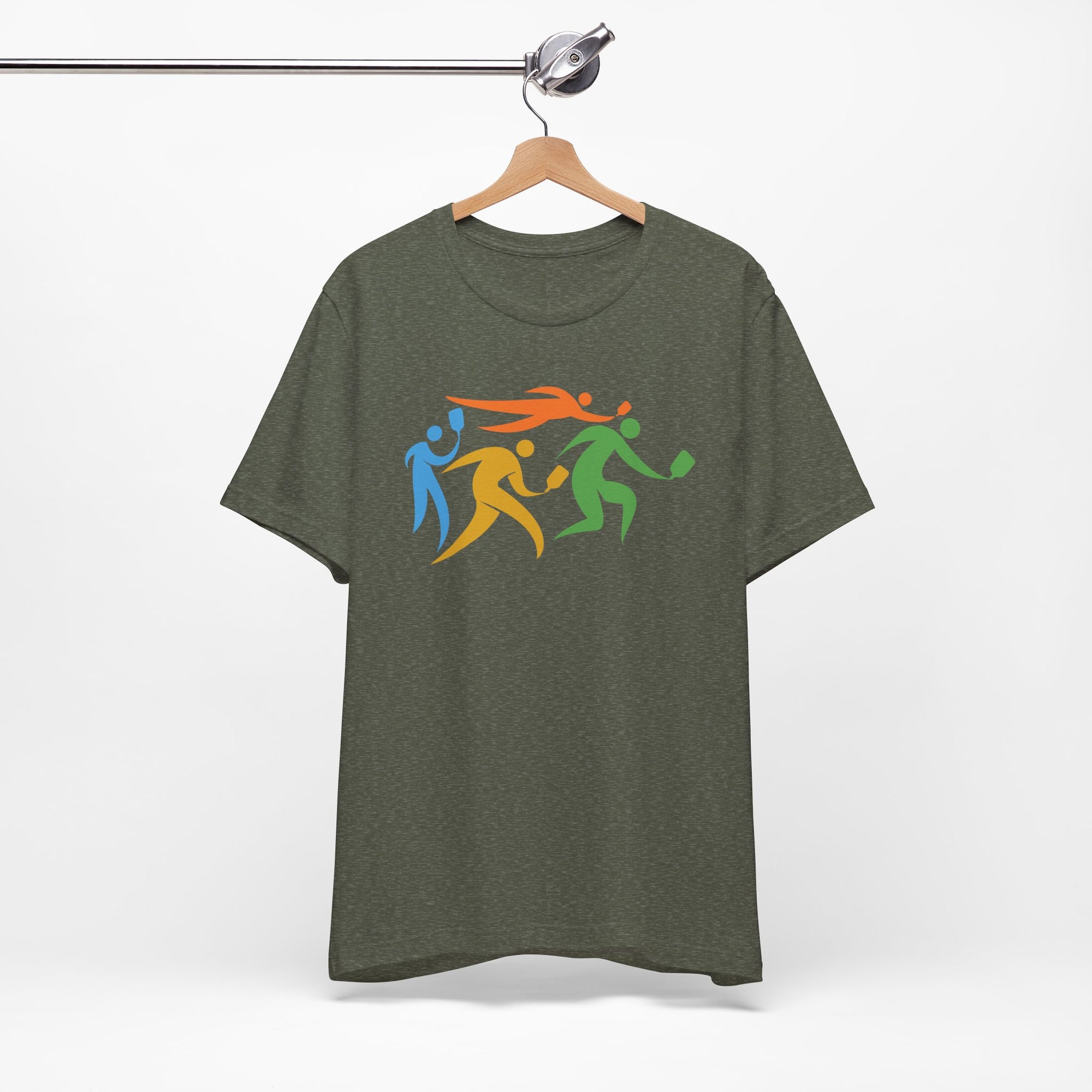 Military green t-shirt featuring an image of four colorful pickleball player drawings playing pickleball, on a hanger against a white background