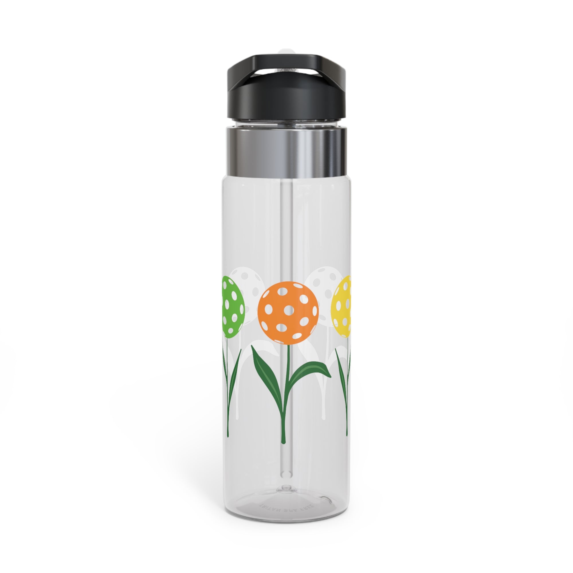 A clear water bottle with lid featuring colorful flowers made from pickleballs on green stems with leaves, against a white background