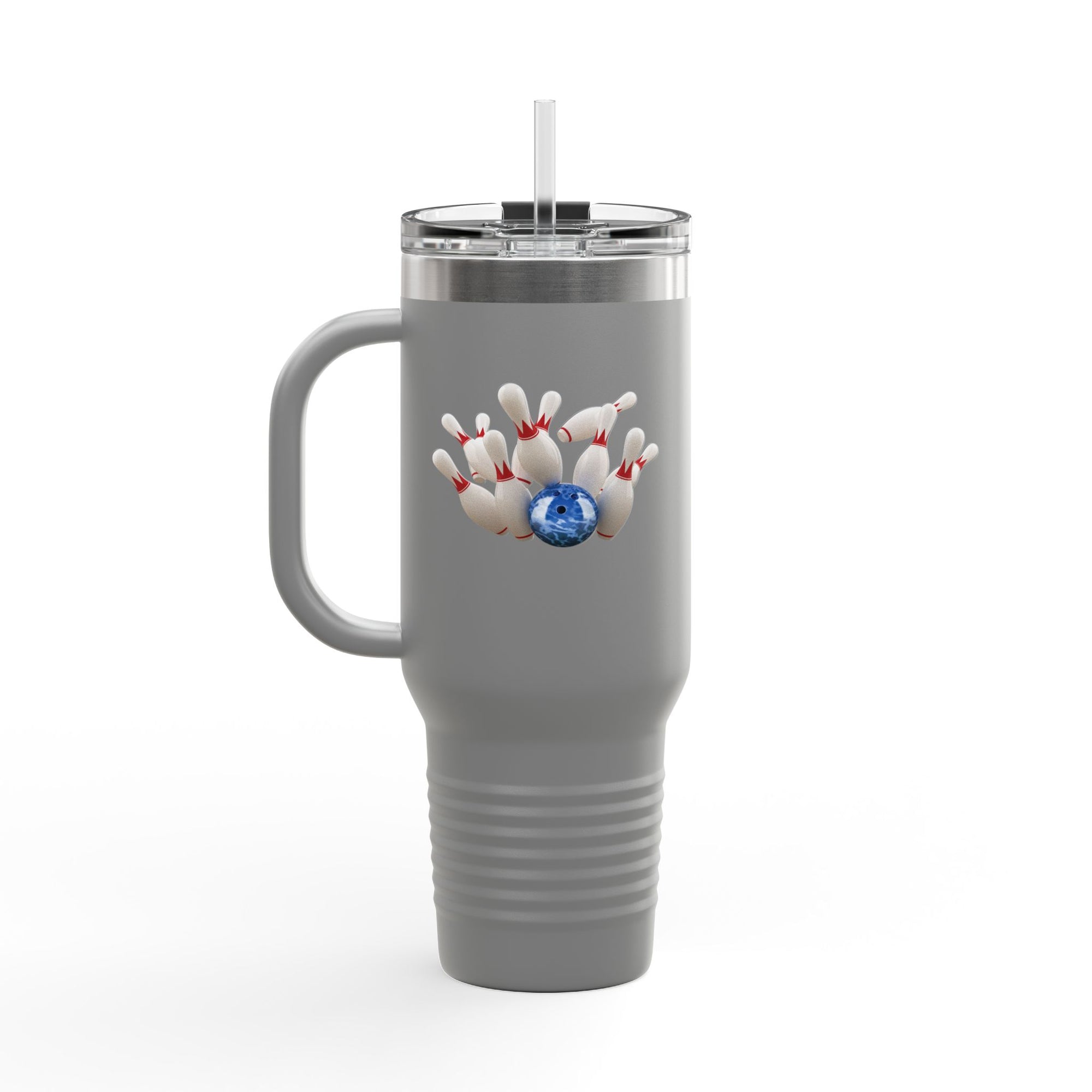 A gray 40oz travel mug with lid and straw, with a graphic of a blue bowling ball knocking over bowling pins, on a white background