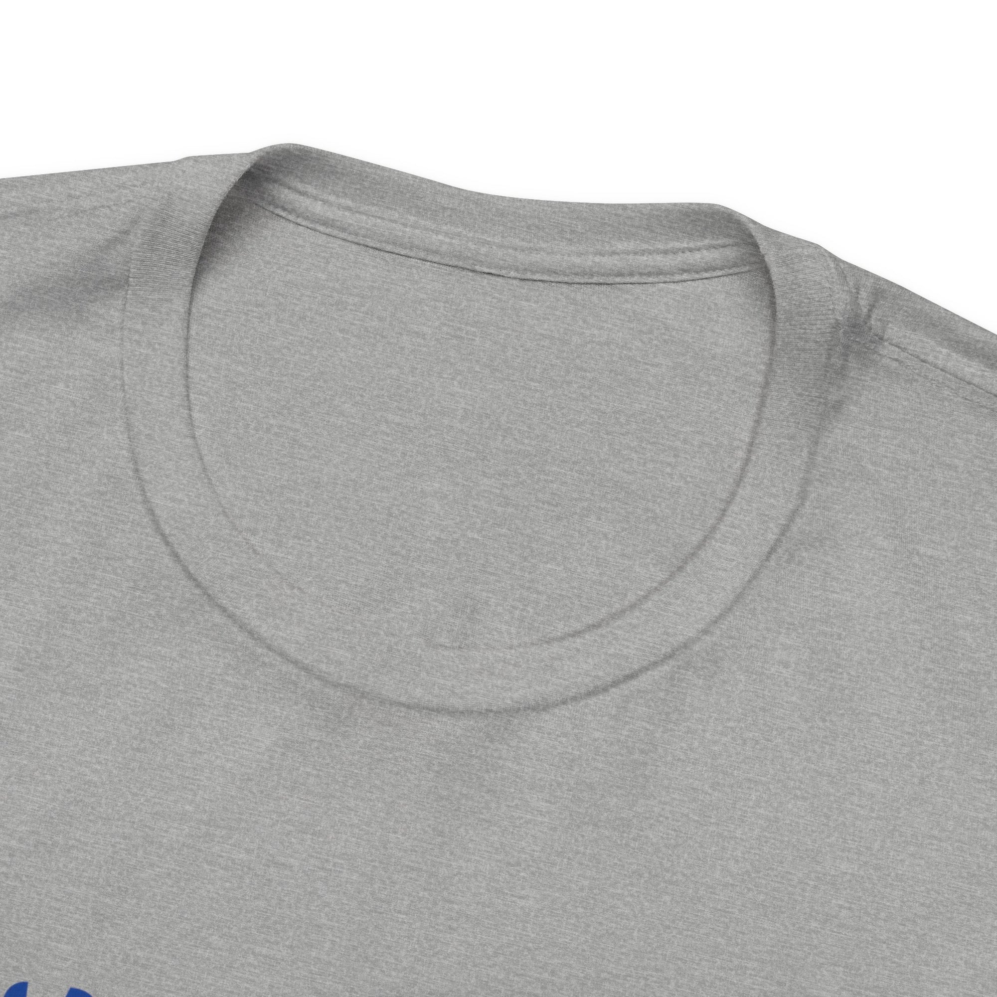 Close-up of a gray t-shirt with a brand logo on a white background
