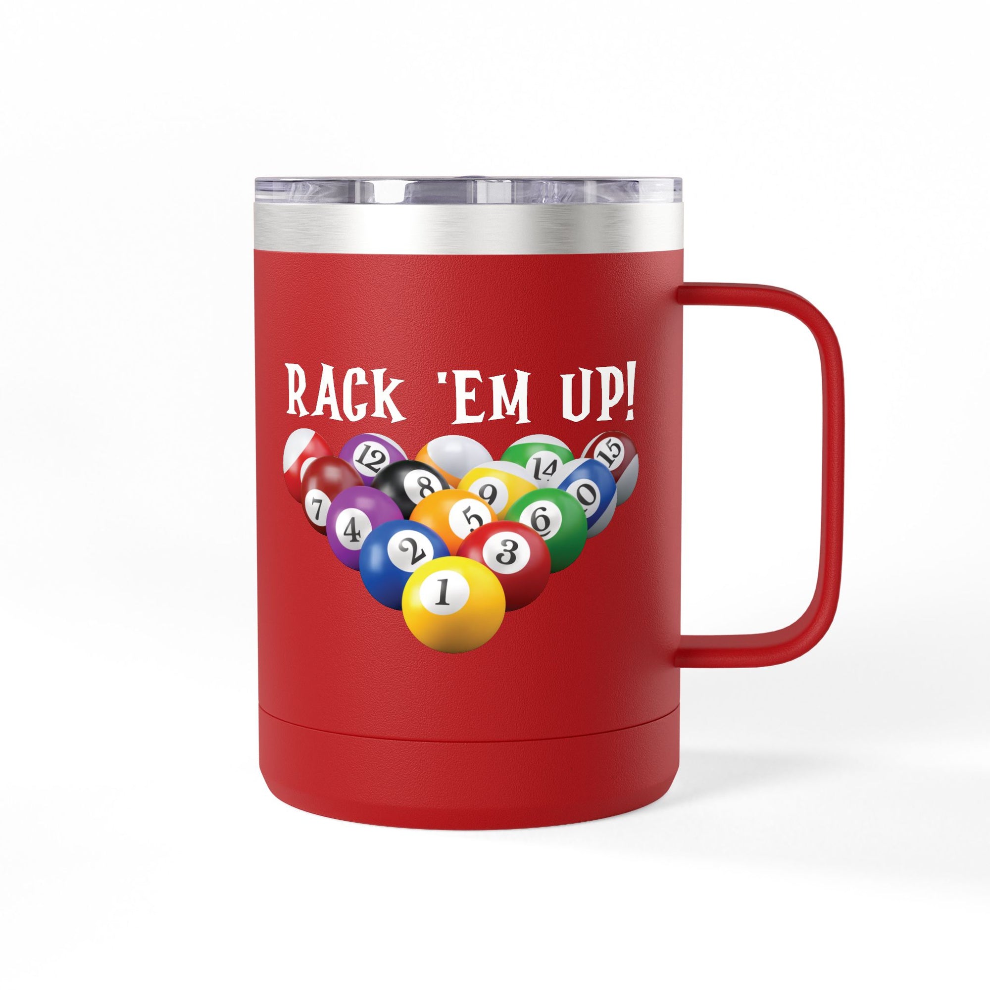 Red travel mug tumbler with handle and lid, with a pool ball design and 'Rack 'Em Up!' text on a white background