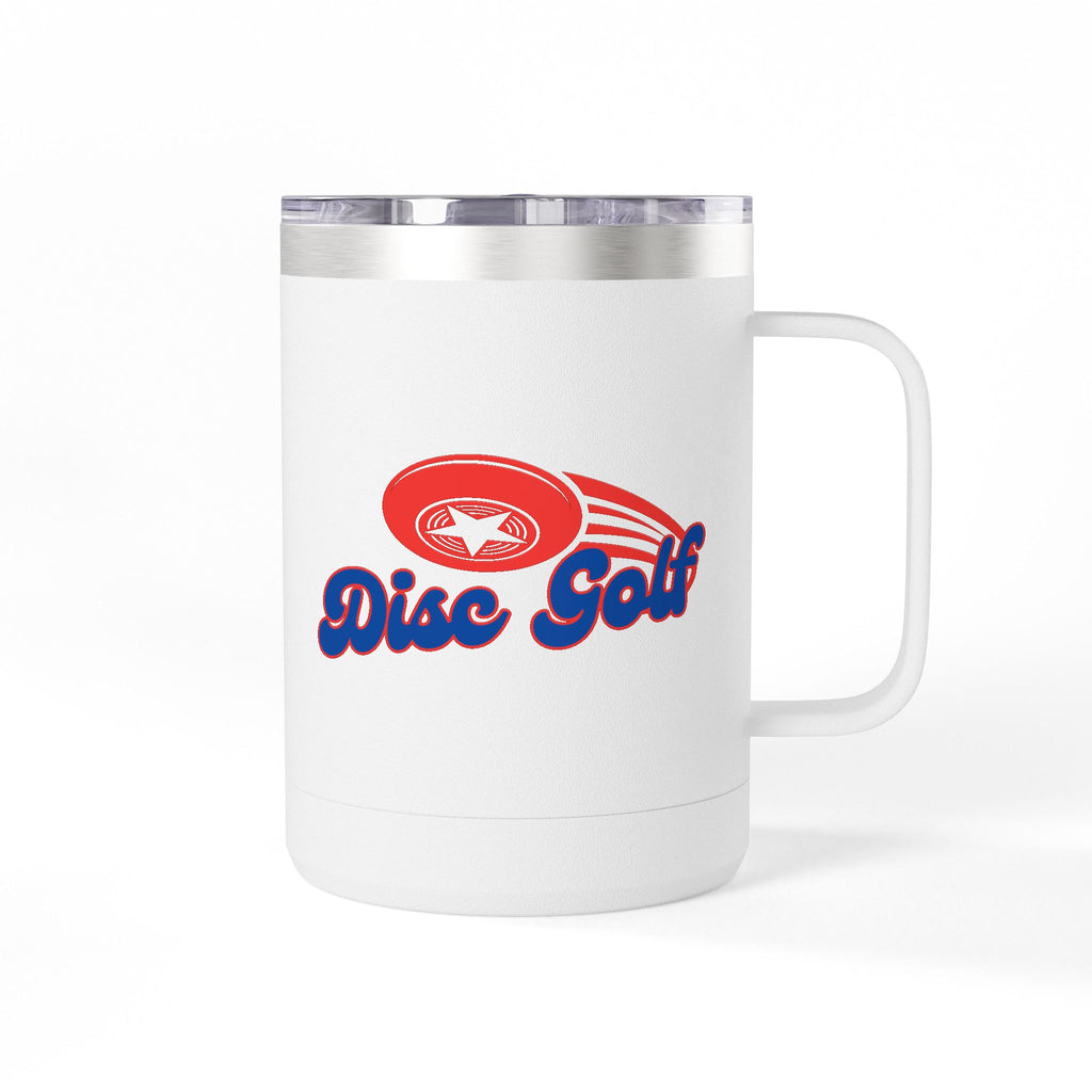 White travel coffee mug tumbler with handle and lid with 'Disc Golf' in a blue script text outlined in red and disc golf with motion trails, against a white background