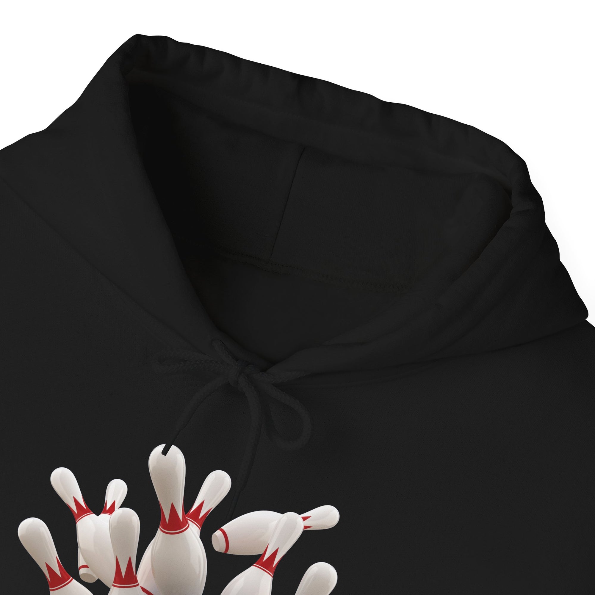 Black hoodie with a graphic of bowling pins on a white background