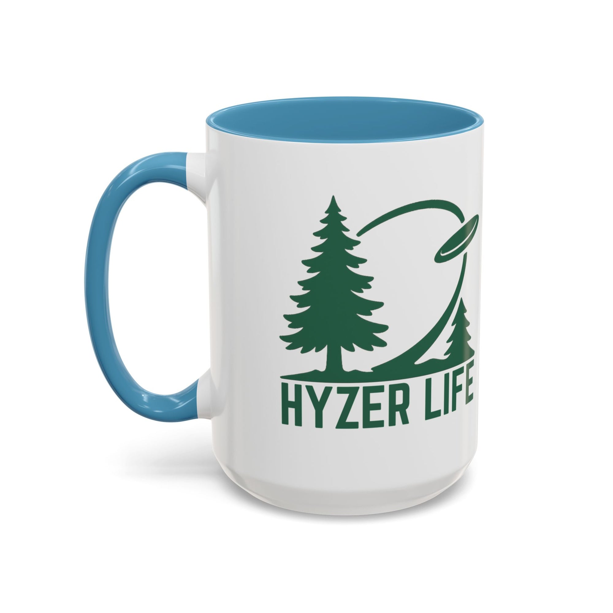 Ceramic coffee mug with light blue accents on the handle and interior, with green graphic of trees and a disc golf flying with the words 'HYZER LIFE' below the image, against a white background