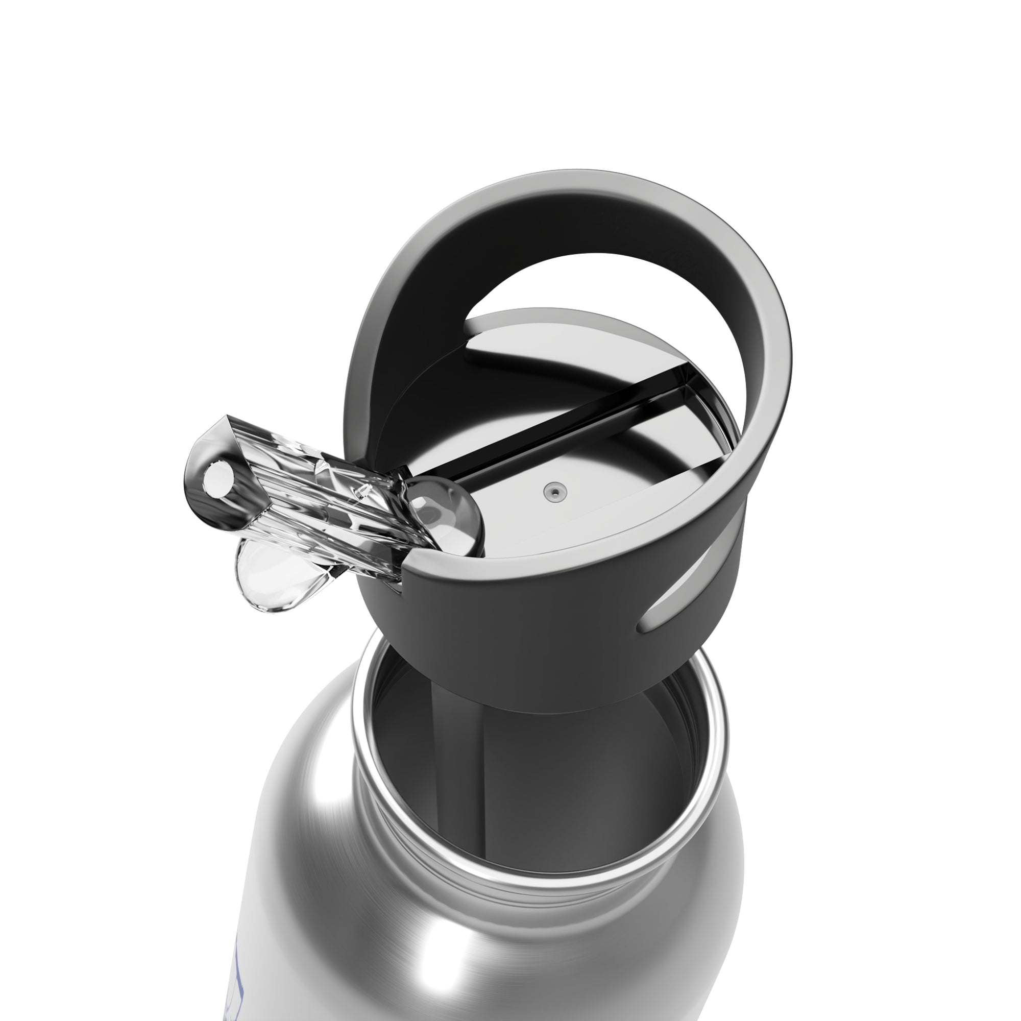 Close-up of a silver water bottle with a black cap on a white background