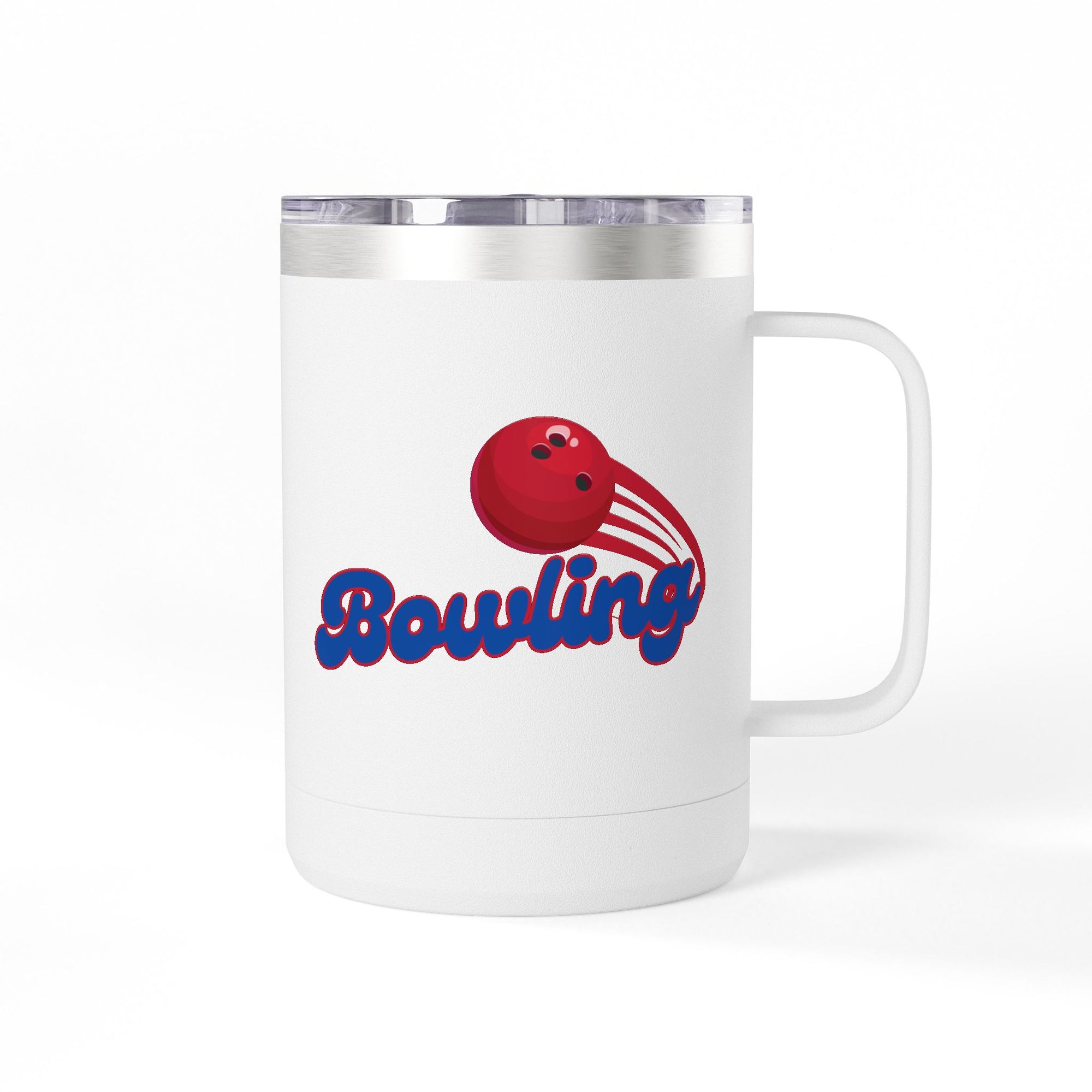 White travel mug with lid and handle with red bowling ball and blue 'Bowling' text on a white background
