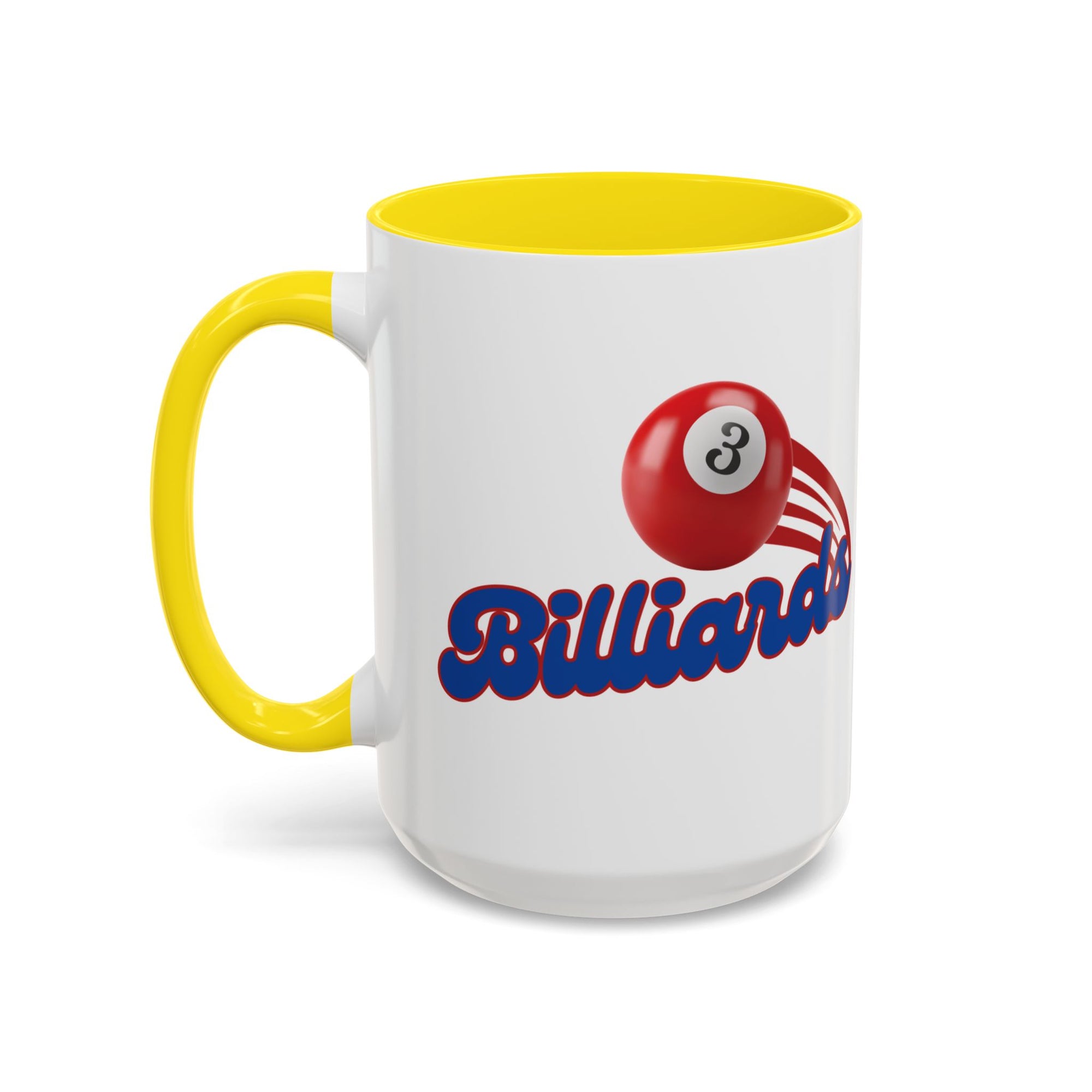 A white ceramic coffee mug with yellow accents on the handle and interior, with billiards ball and text that says "Billiards" against a white background 