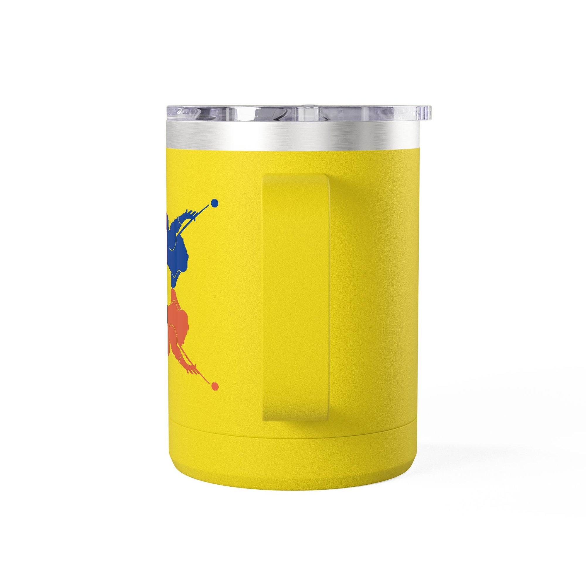 Back view of a yellow travel mug tumbler with handle and lid, with colorful graphic of 4 billiards player silhouettes in a pop art style, against a white background