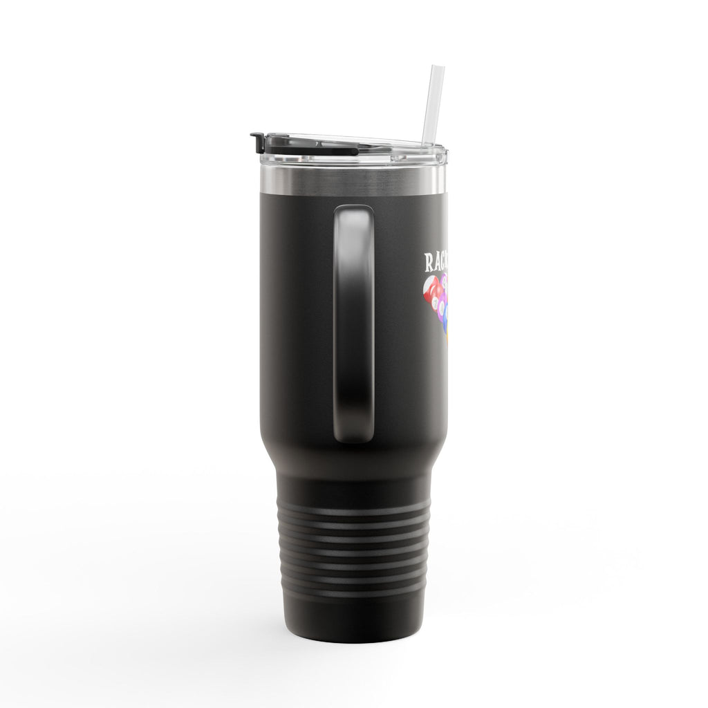 Side view of a black 40oz travel tumbler with lid and straw with racked pool ball design and 'Rack 'Em Up!' text, against a white background
