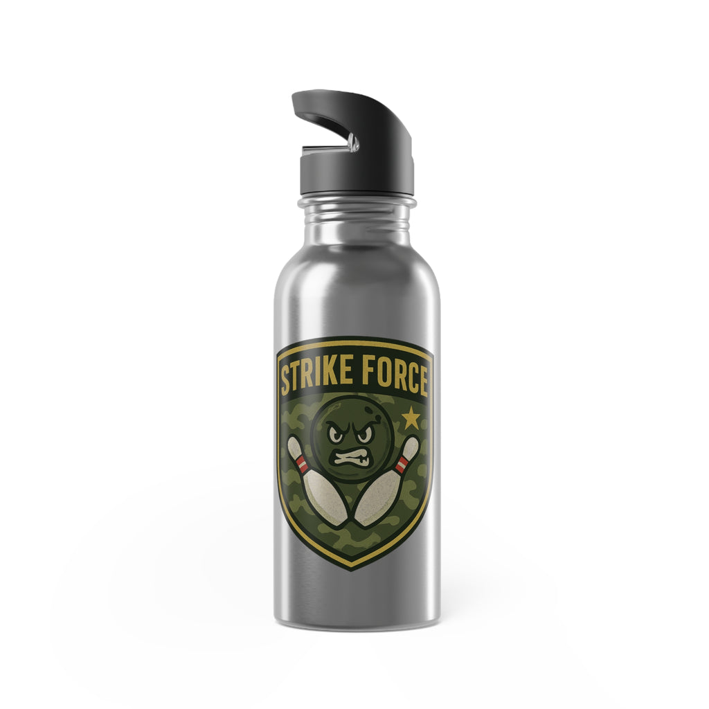 Stainless steel water bottle with black lid, with bowling 'Strike Force' military-style patch on a white background