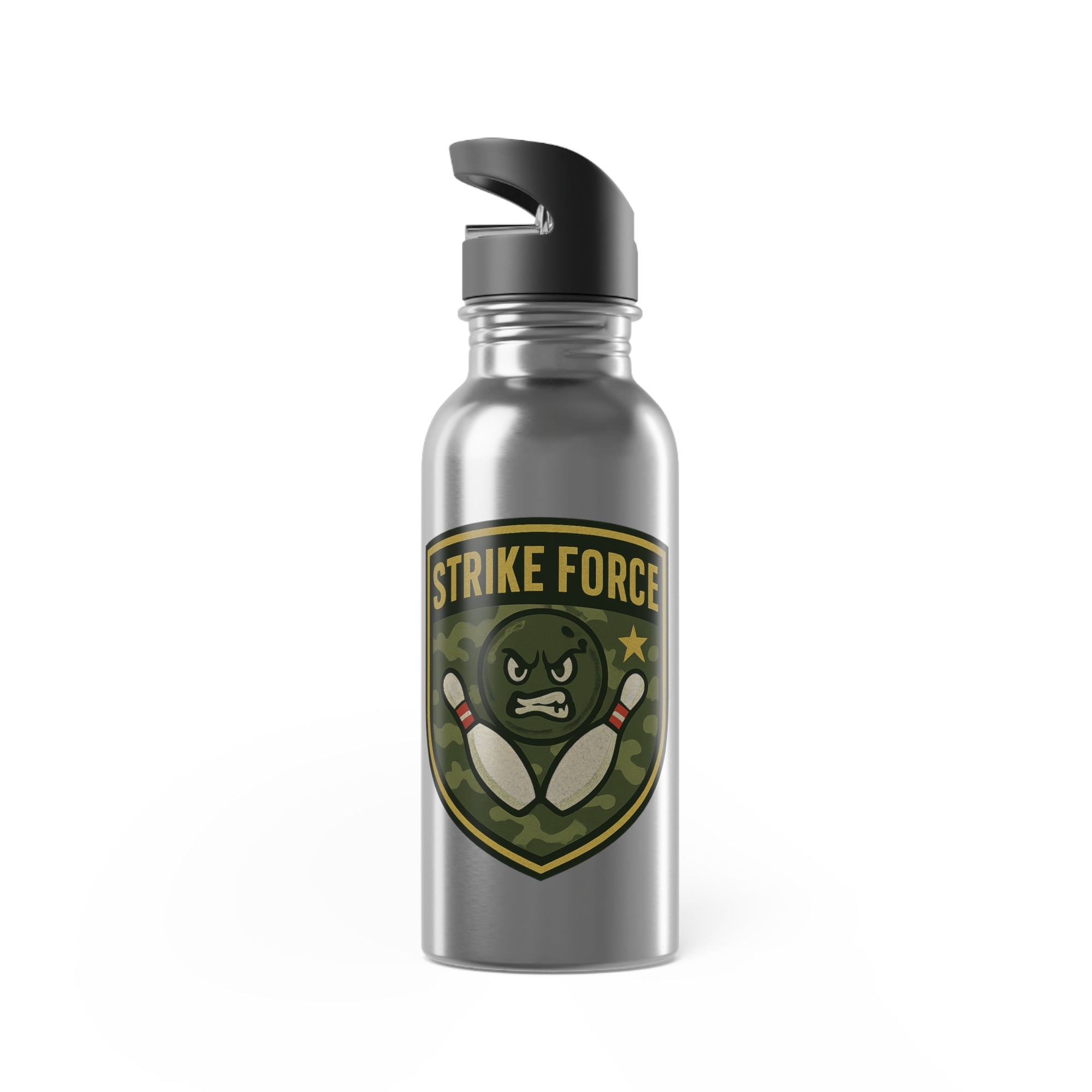 Stainless steel water bottle with black lid, with bowling 'Strike Force' military-style patch on a white background