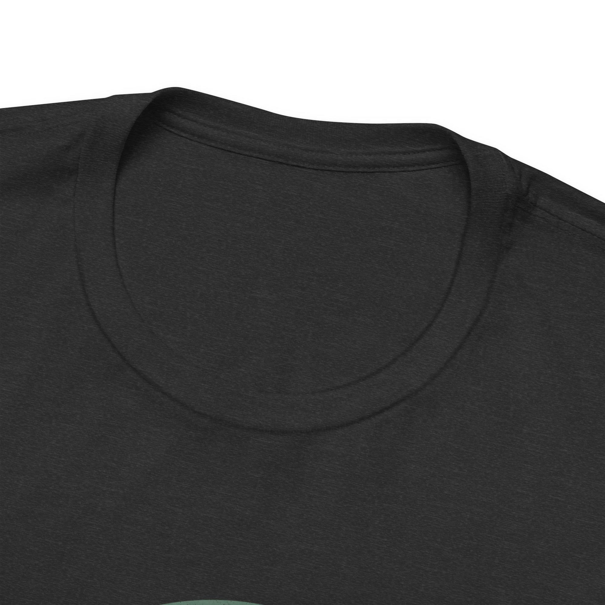 Close-up of a black t-shirt with a circular neckline on a white background