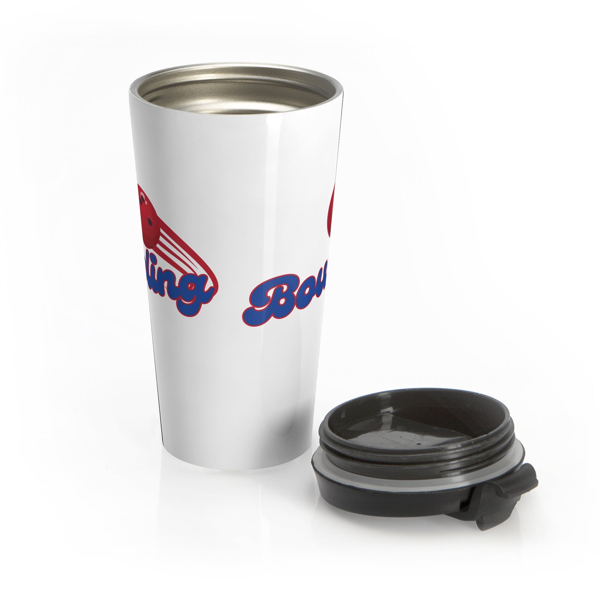 White tumbler with a black lid next to the tumbler, featuring a red bowling ball and blue "Bowling" text on a white background